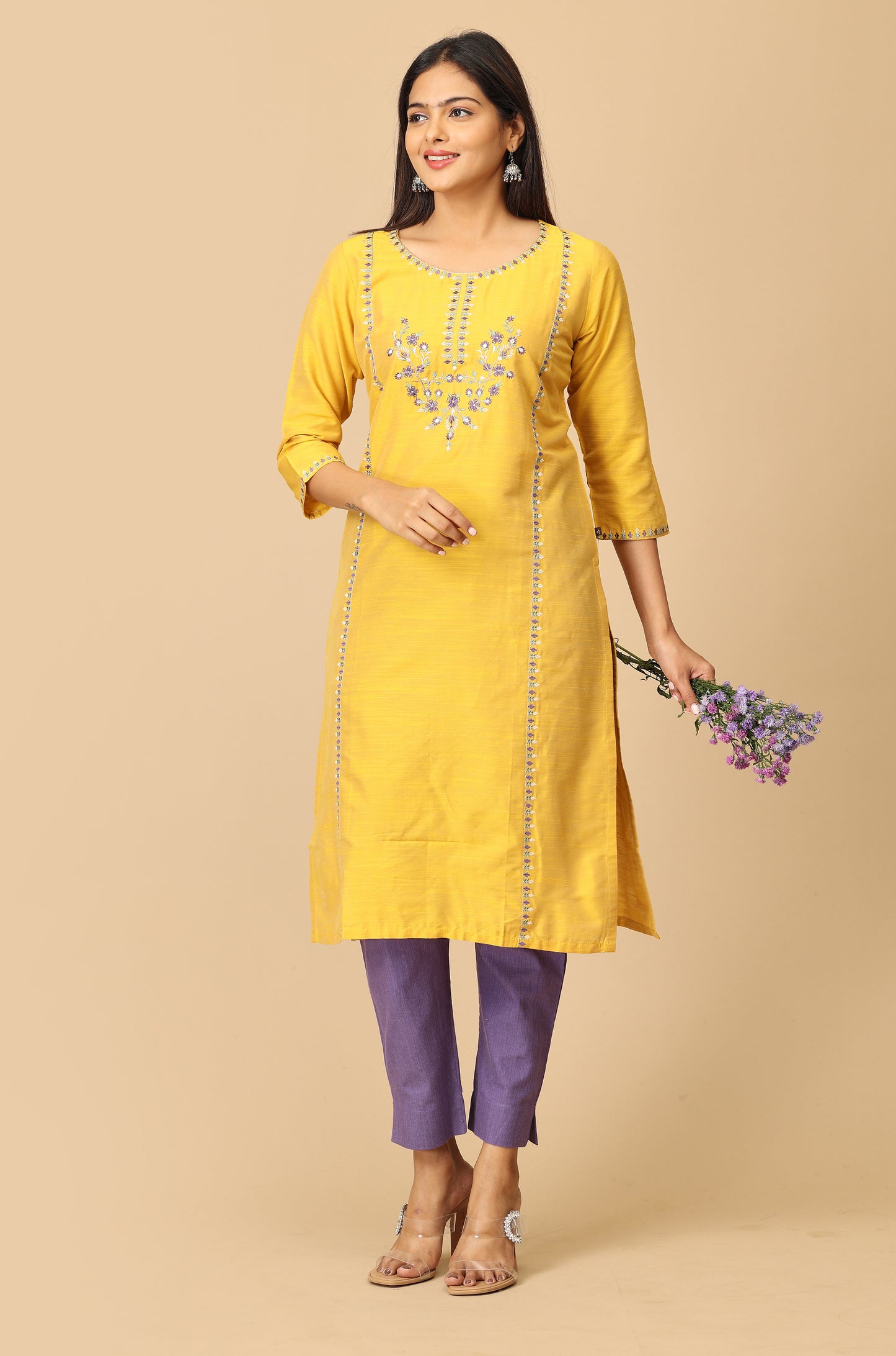 Yellow Slub Silk Embroidery Kurti