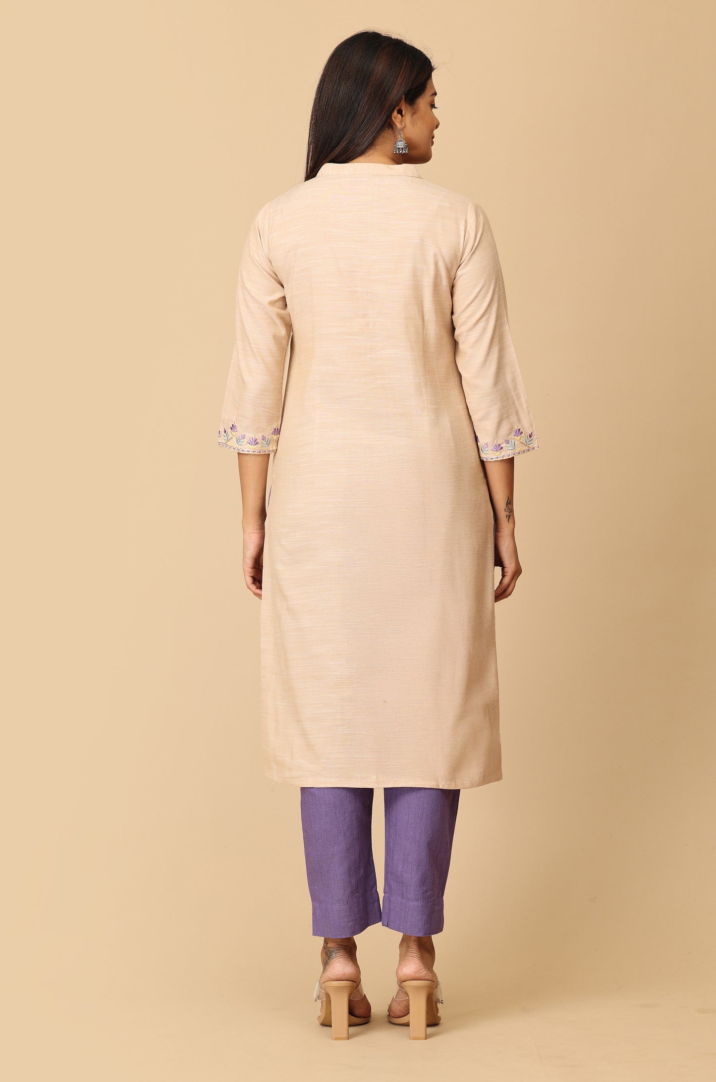 Beige Collar with Placket Embroidery Kurti