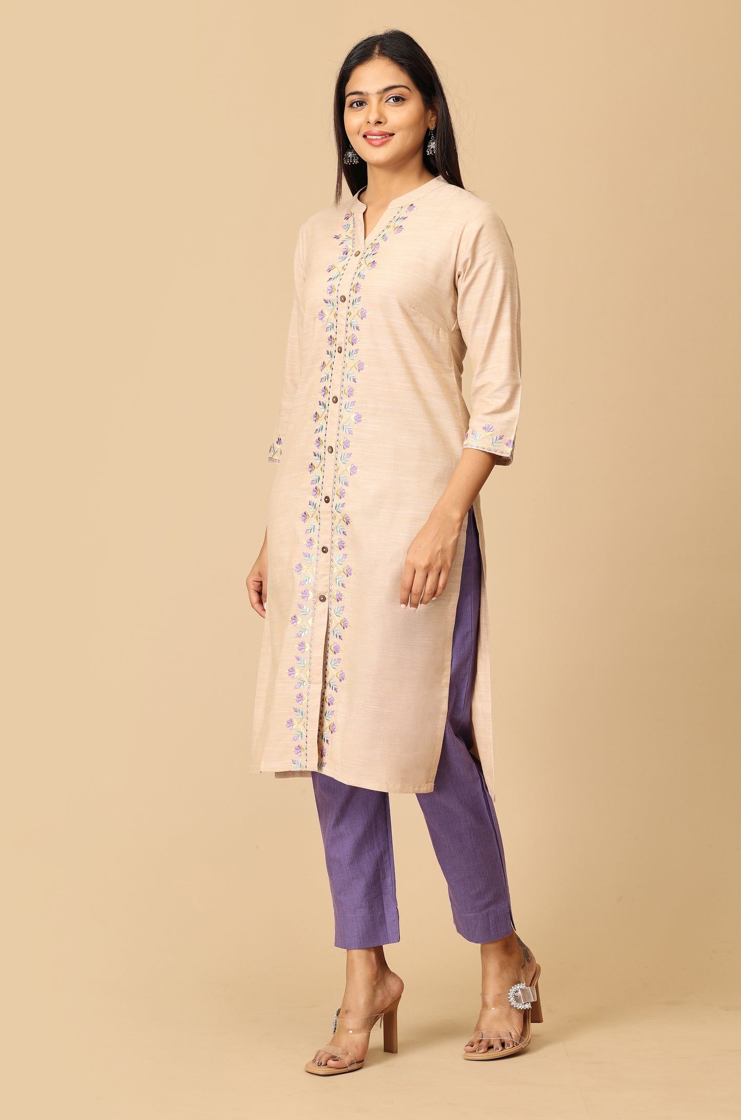 Beige Collar with Placket Embroidery Kurti