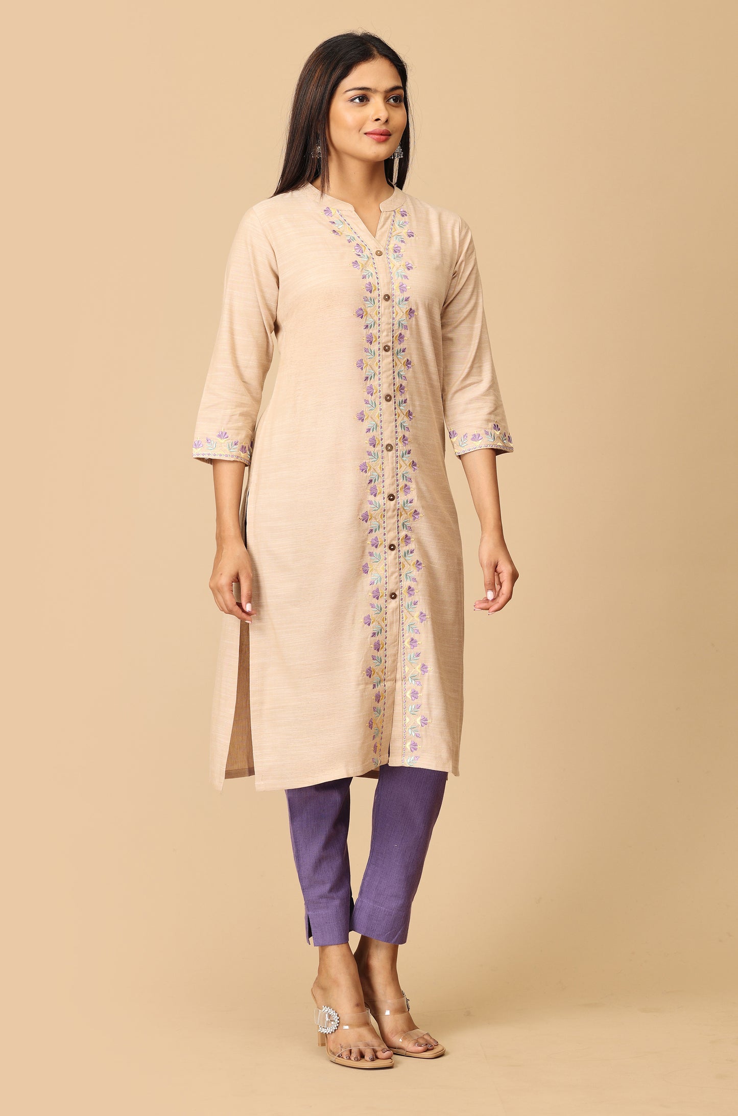 Beige Collar with Placket Embroidery Kurti