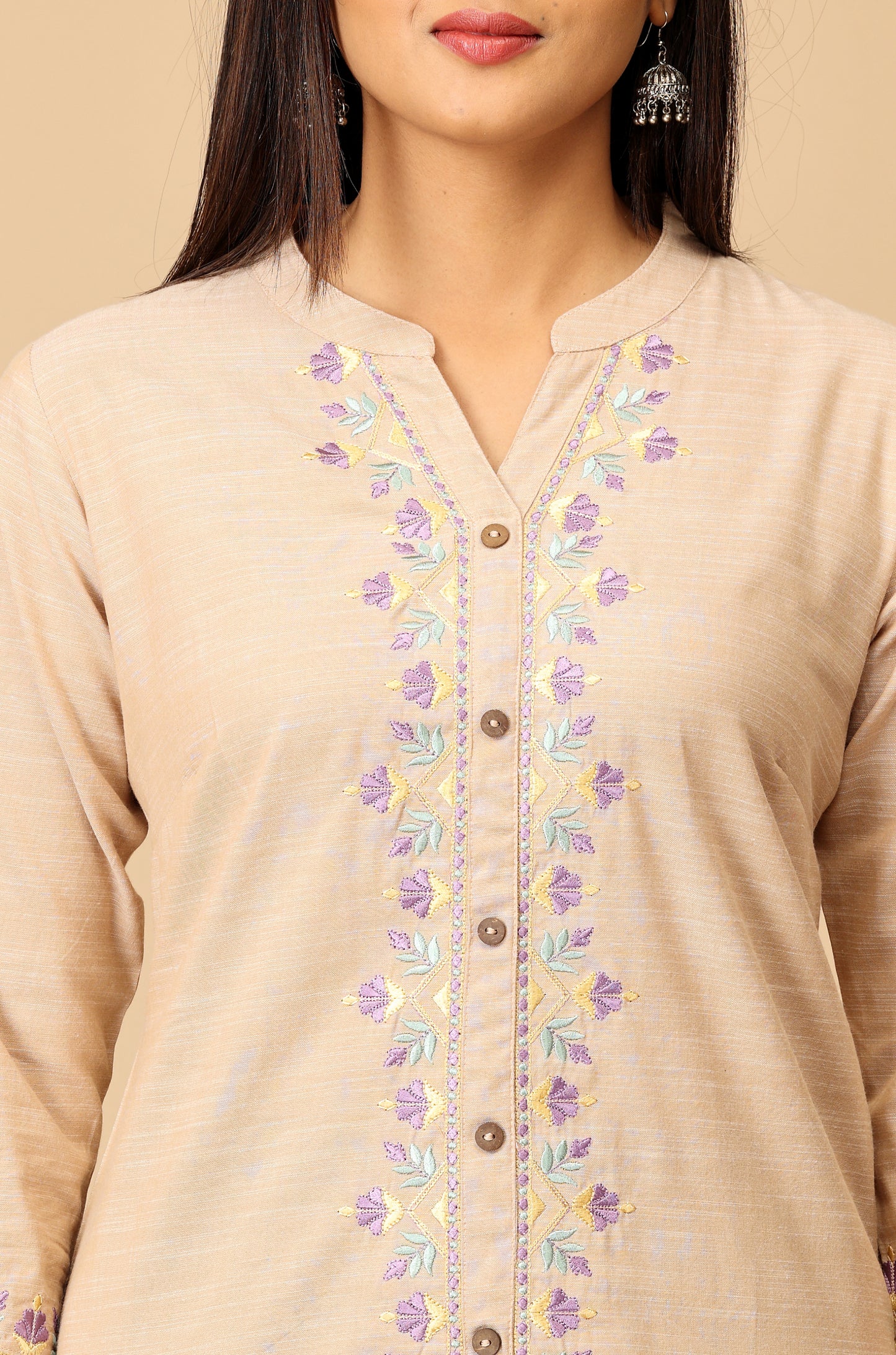 Beige Collar with Placket Embroidery Kurti