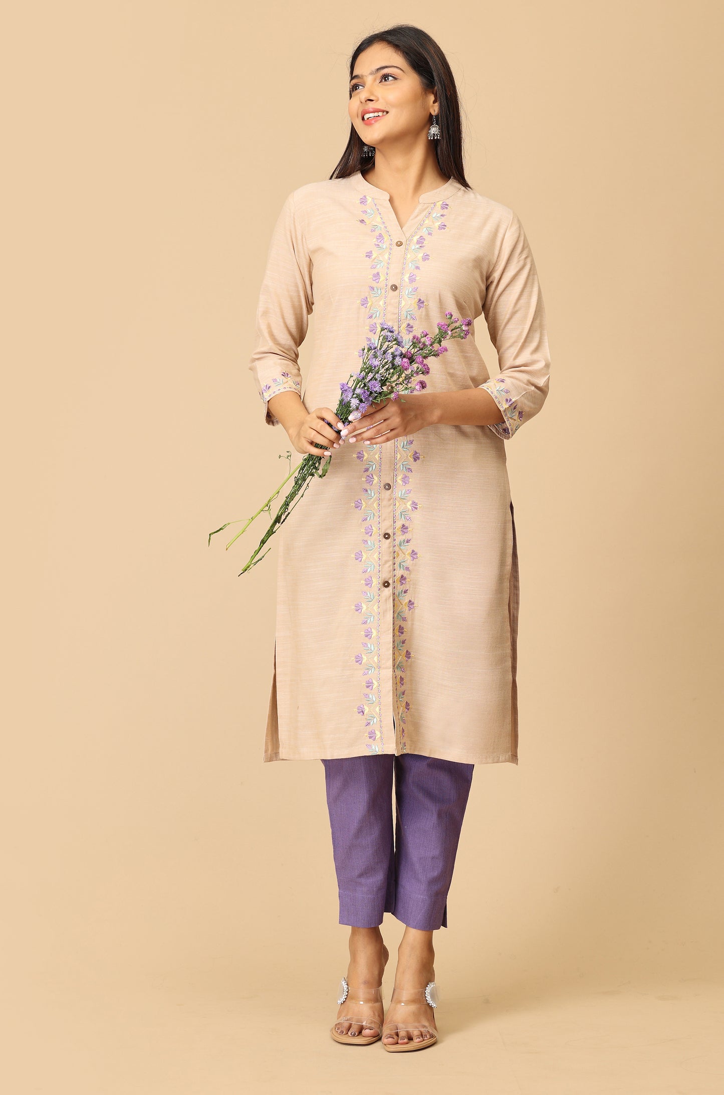 Beige Collar with Placket Embroidery Kurti