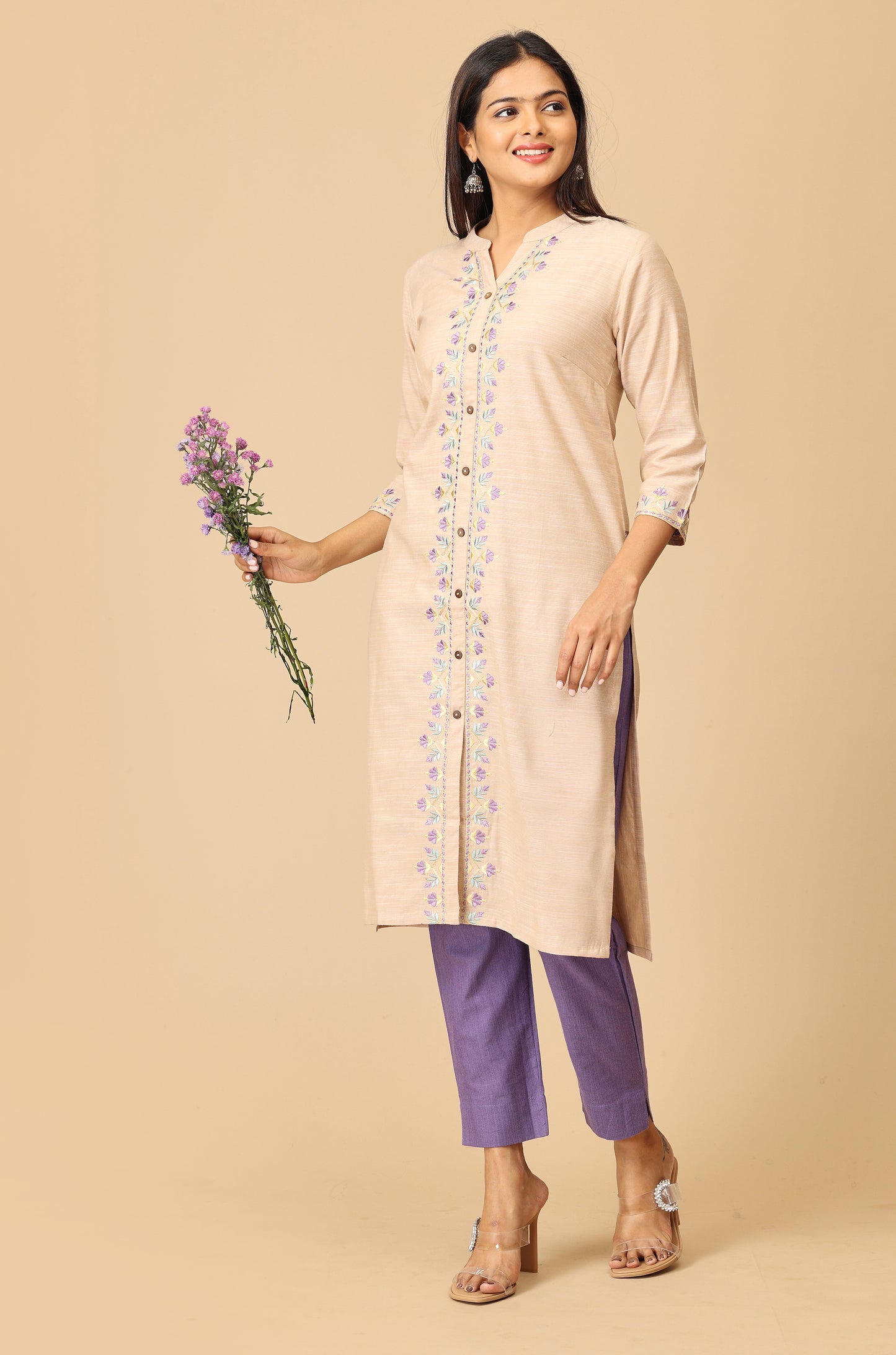Beige Collar with Placket Embroidery Kurti