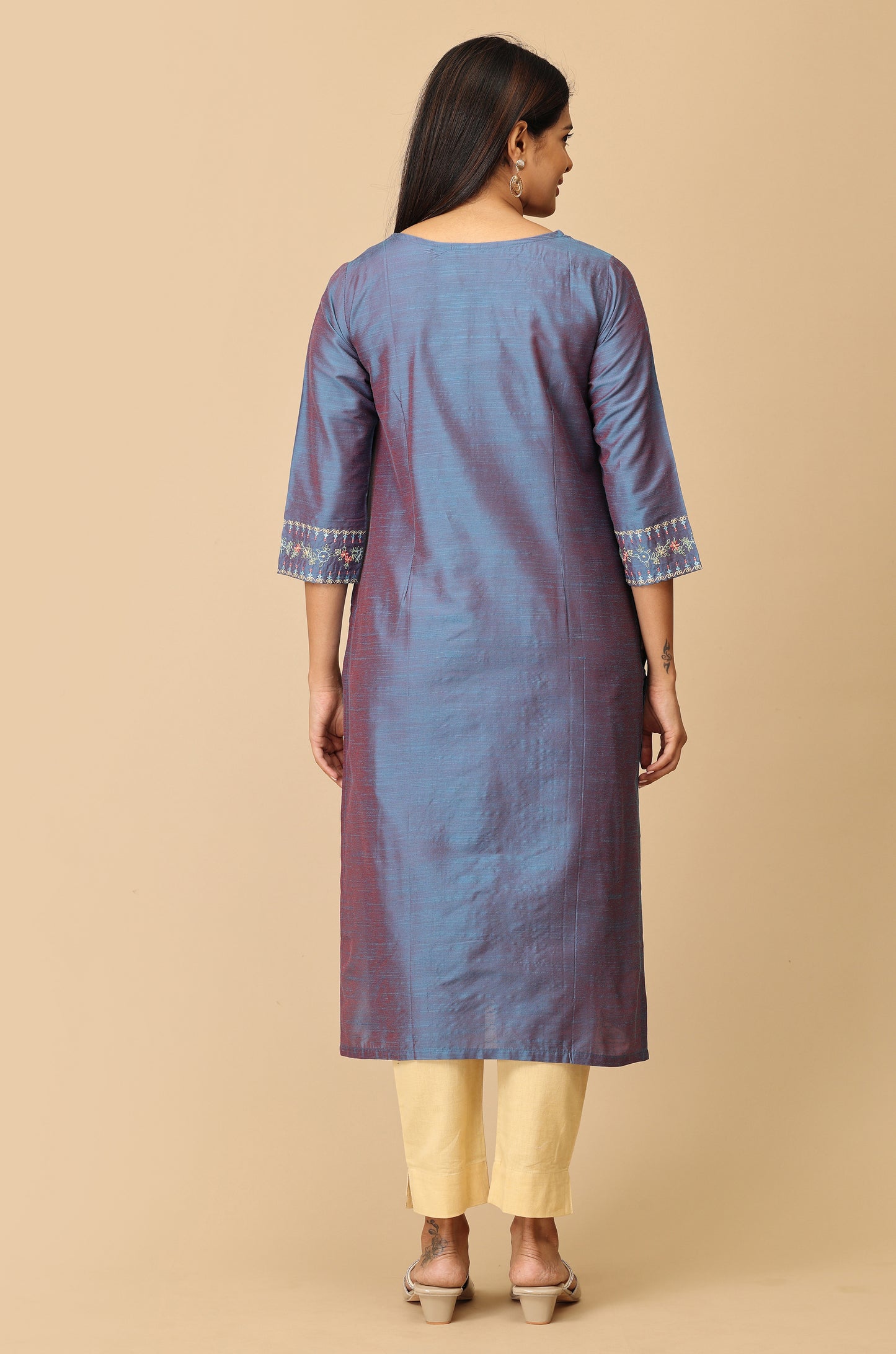Blue Slub Silk Straight Embroidery Kurti