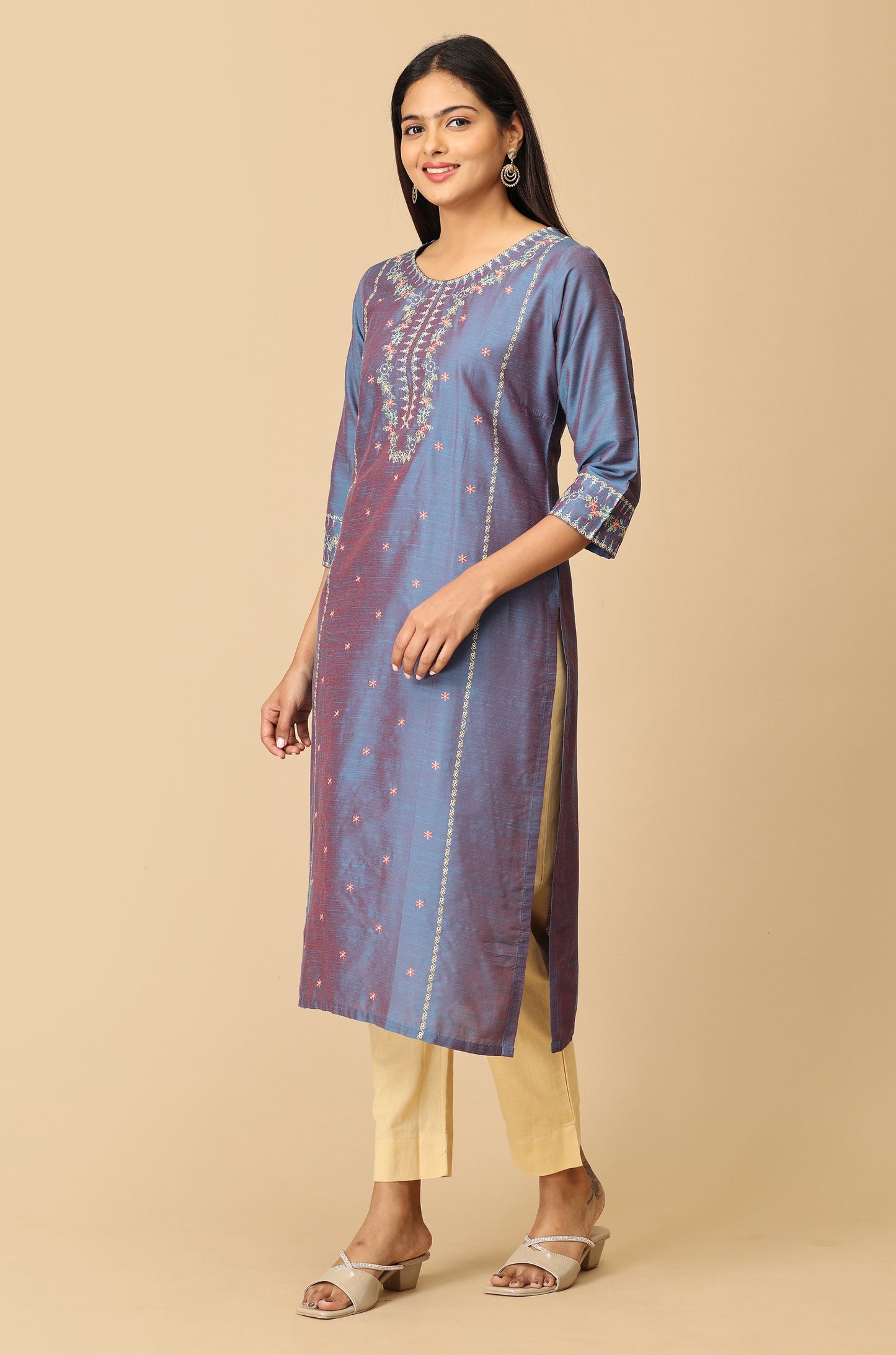 Blue Slub Silk Straight Embroidery Kurti