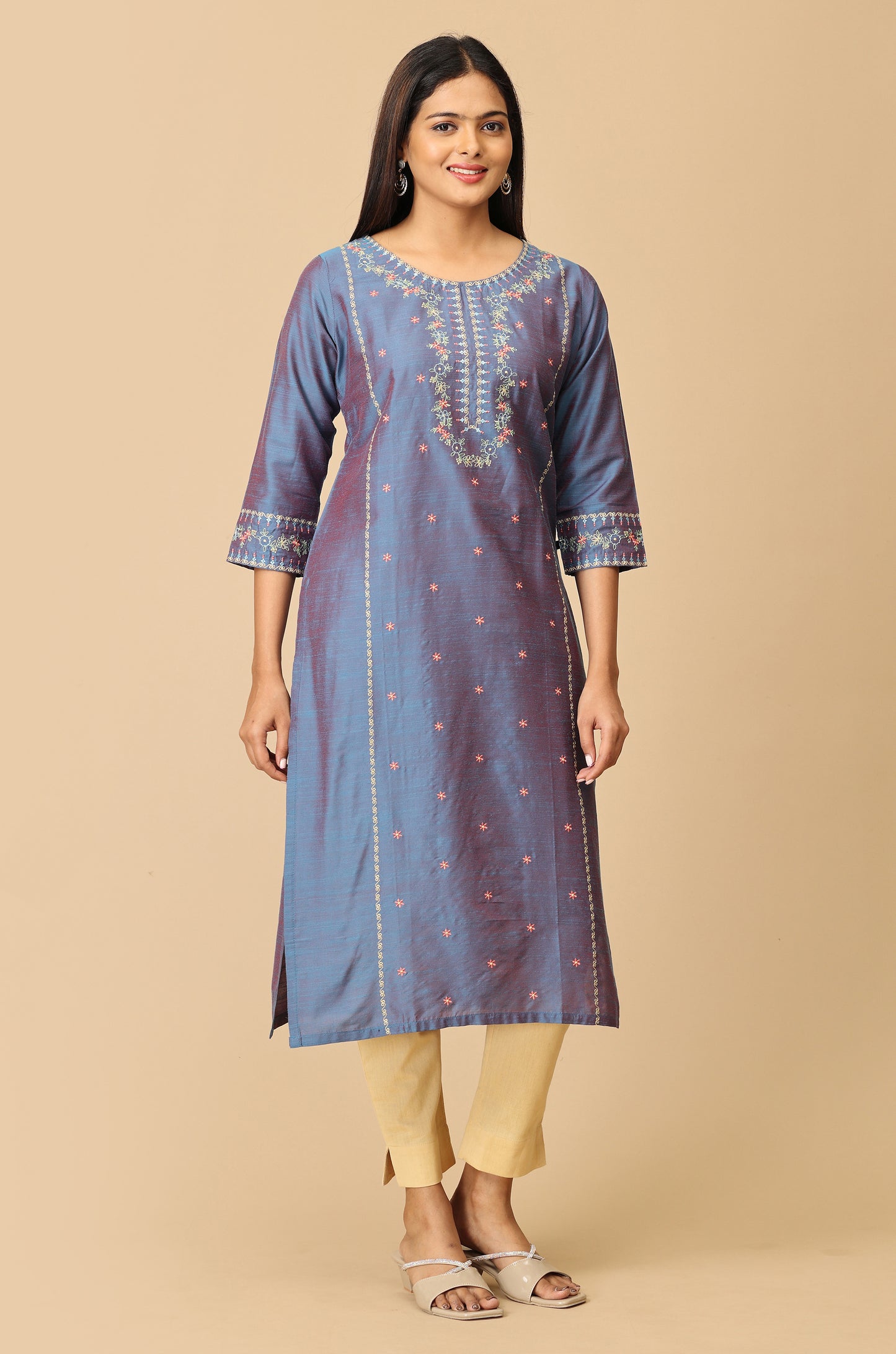 Blue Slub Silk Straight Embroidery Kurti