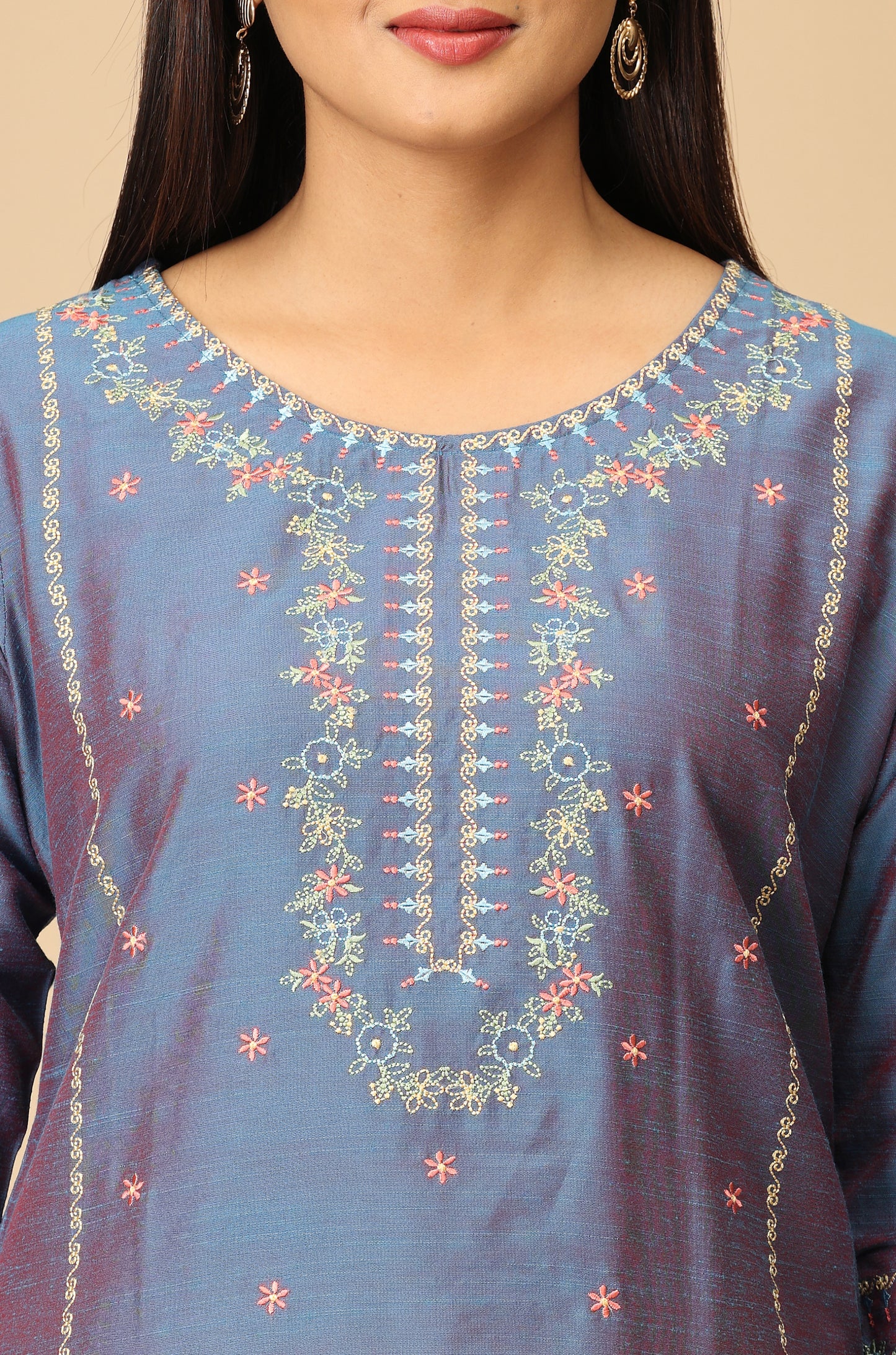 Blue Slub Silk Straight Embroidery Kurti