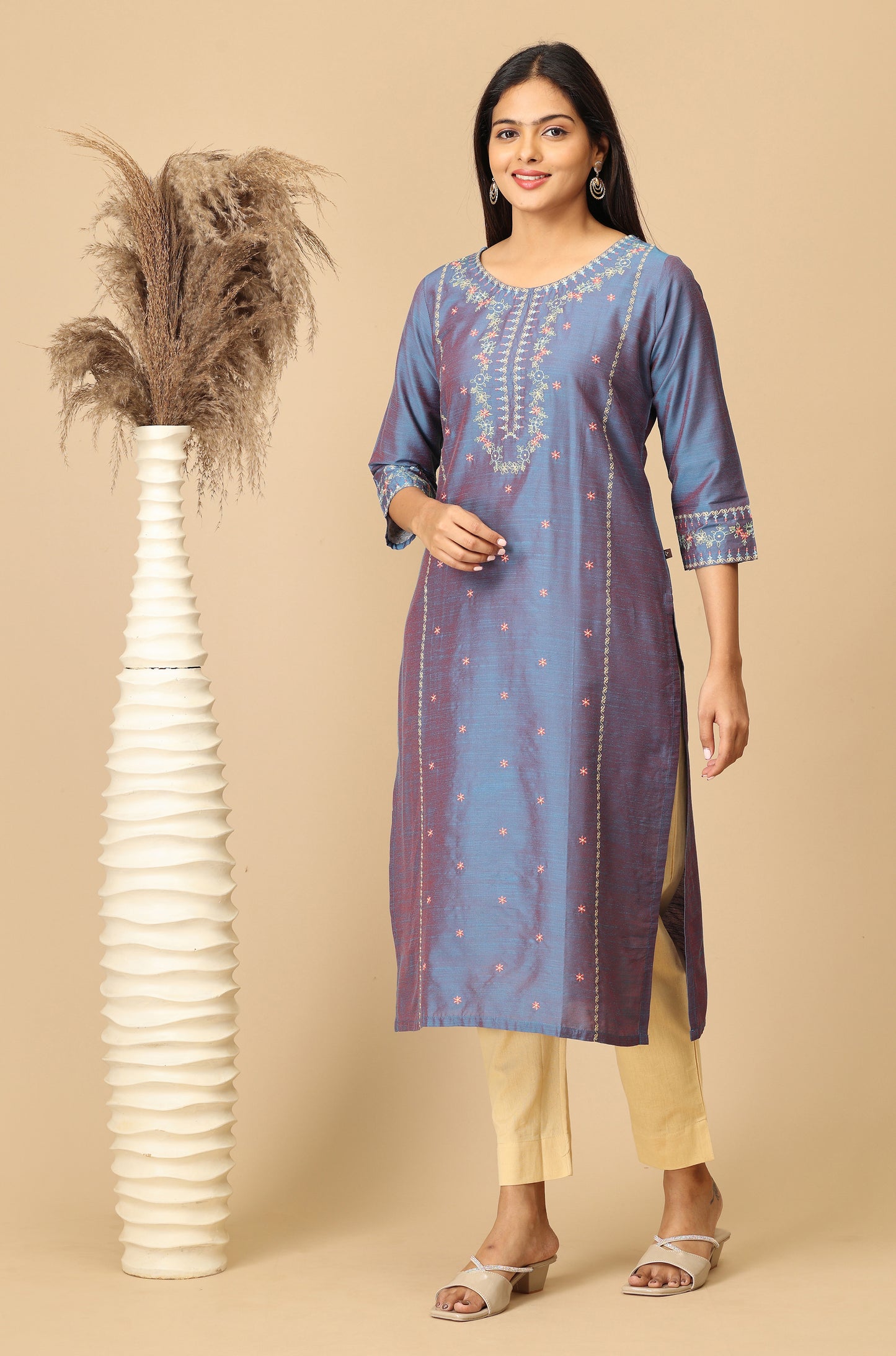 Blue Slub Silk Straight Embroidery Kurti