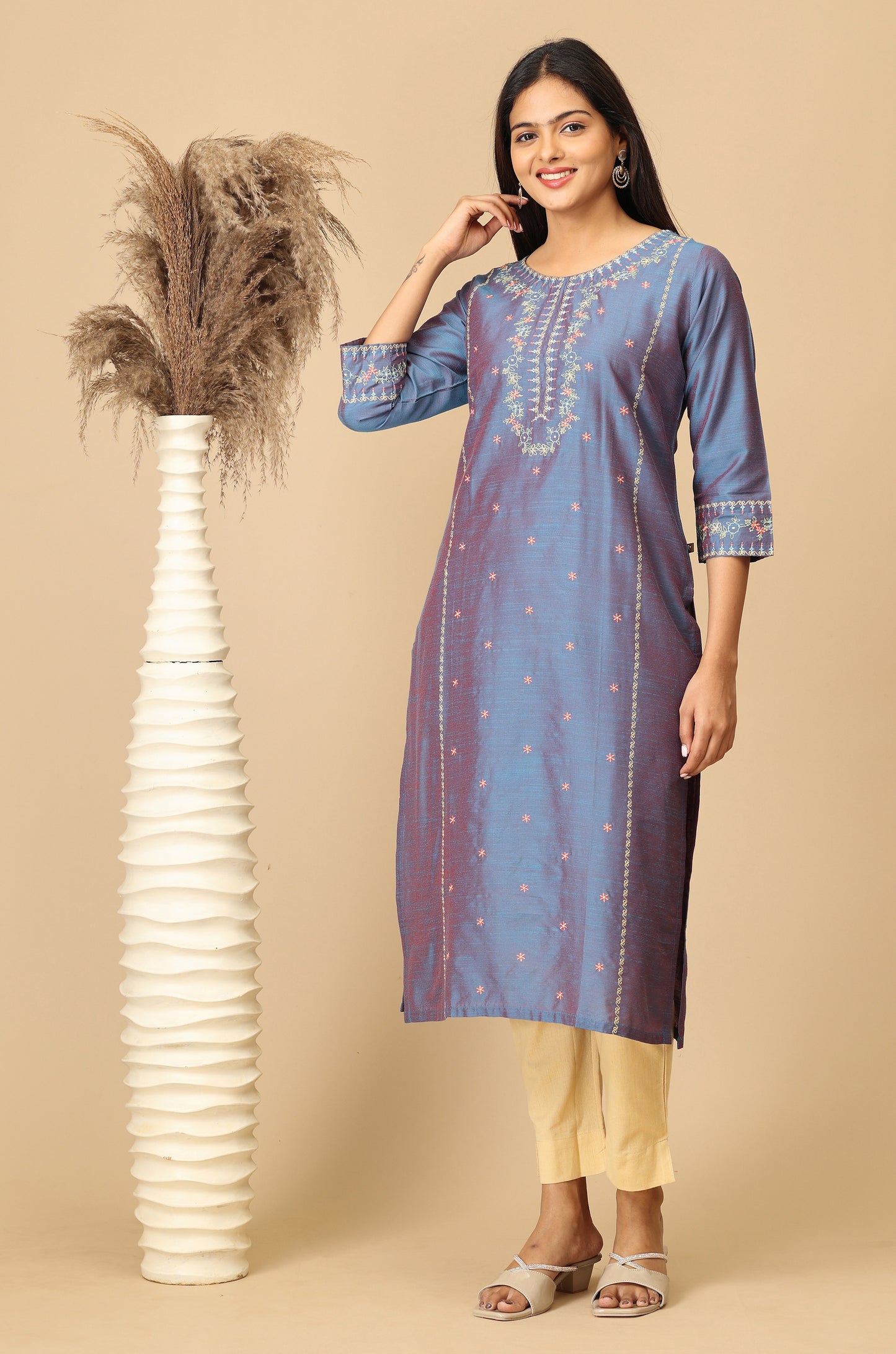 Blue Slub Silk Straight Embroidery Kurti
