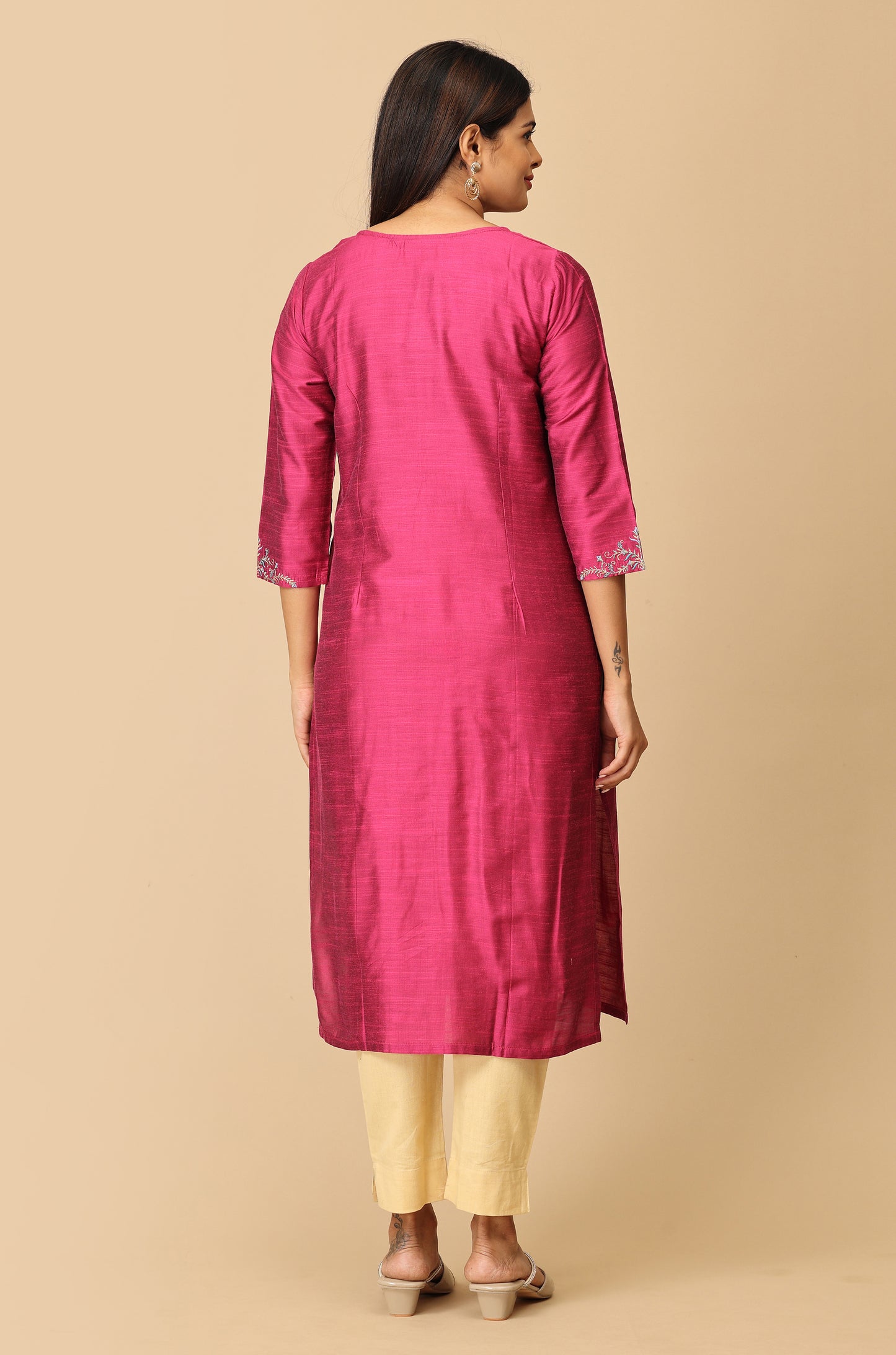Magenta Slub Silk Straight Embroidery Kurti