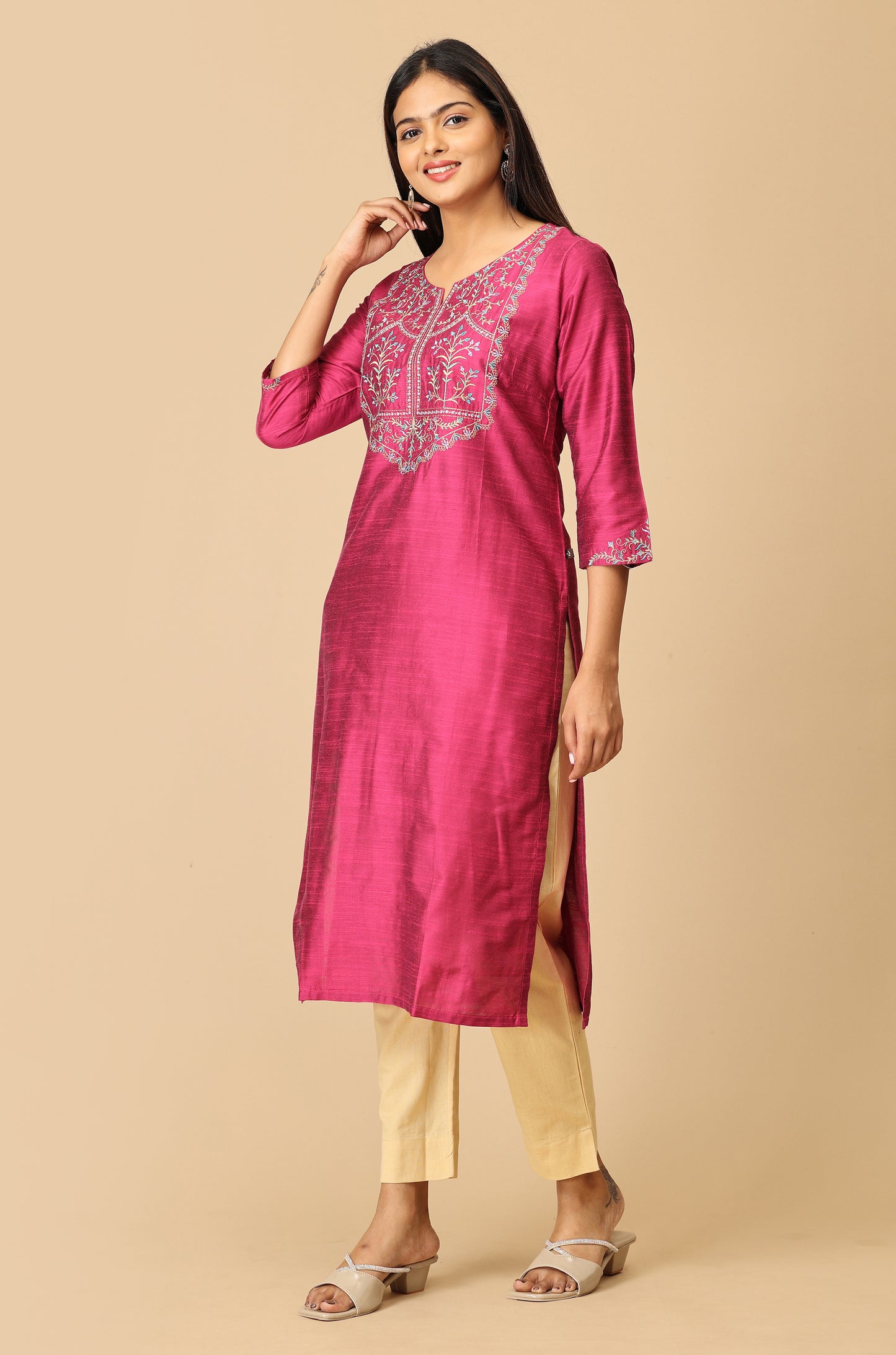 Magenta Slub Silk Straight Embroidery Kurti