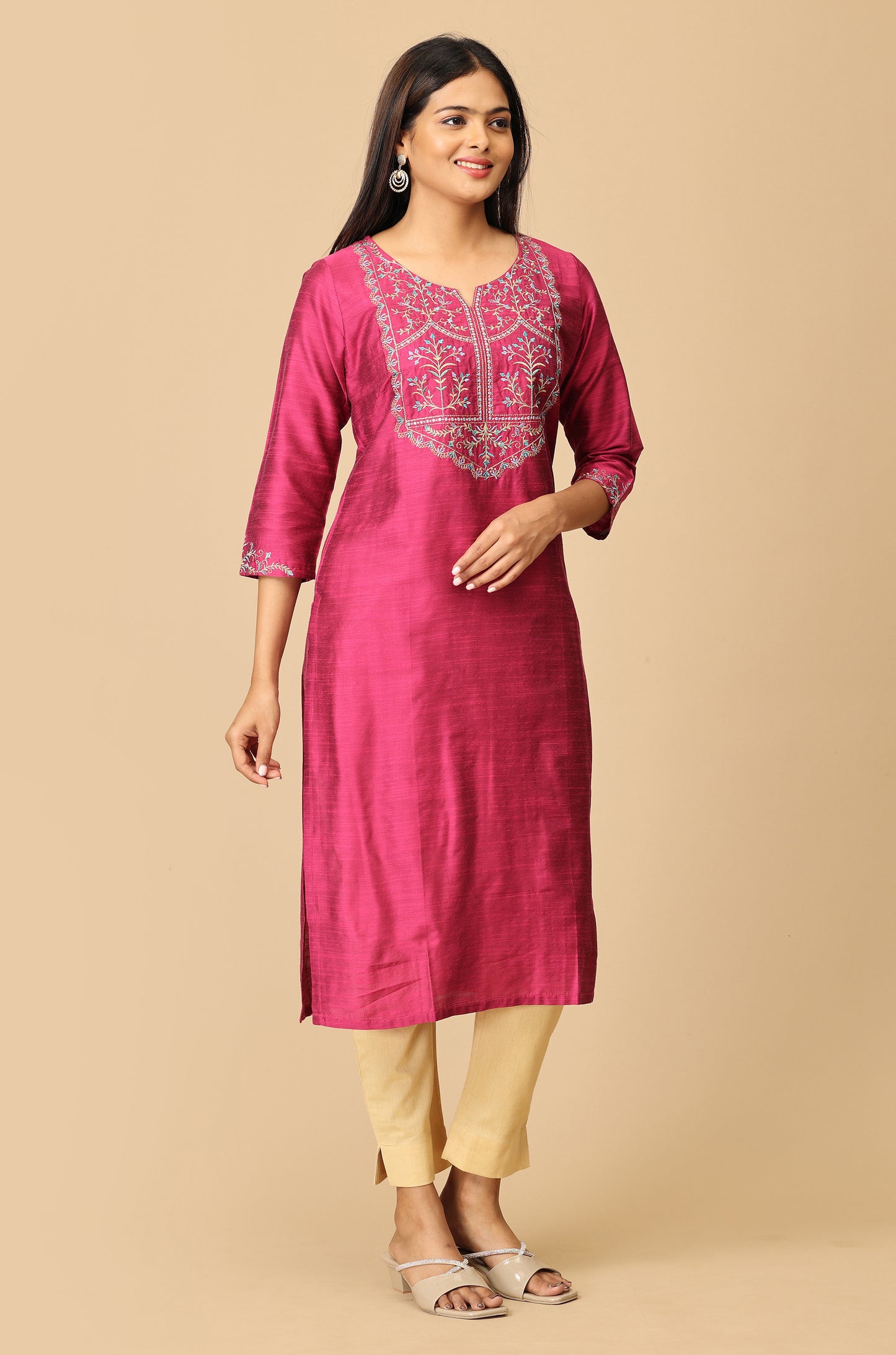 Magenta Slub Silk Straight Embroidery Kurti