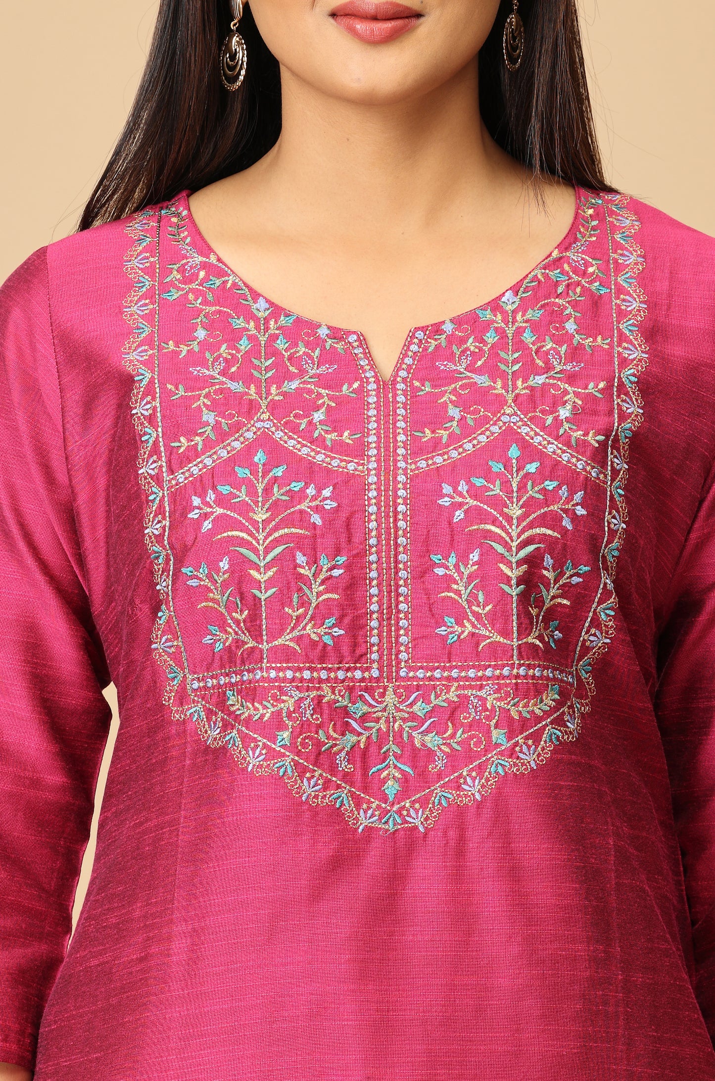 Magenta Slub Silk Straight Embroidery Kurti