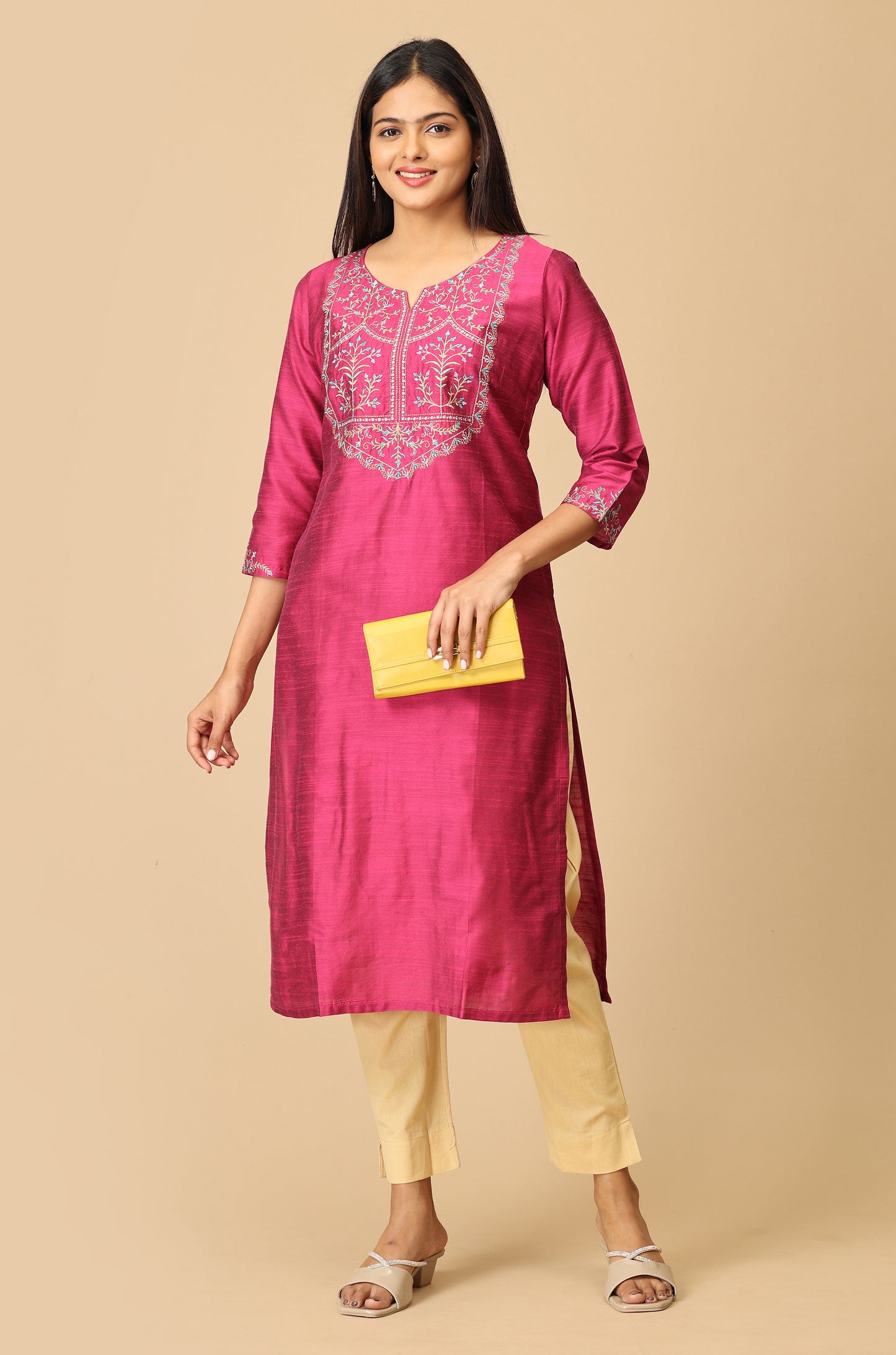 Magenta Slub Silk Straight Embroidery Kurti