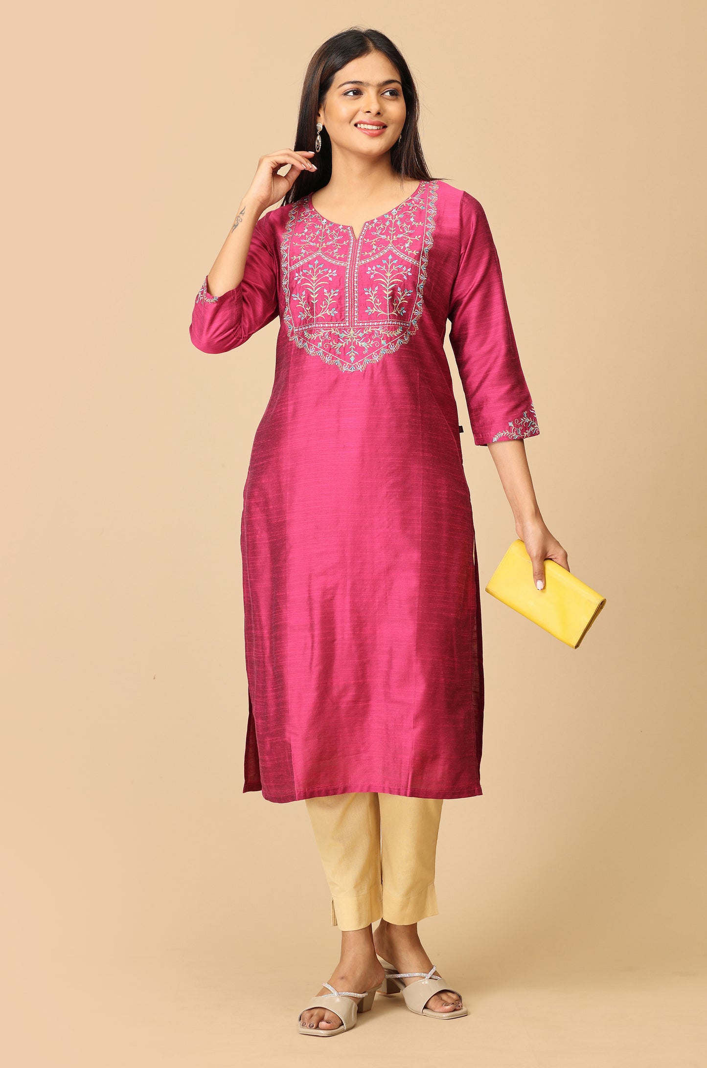 Magenta Slub Silk Straight Embroidery Kurti