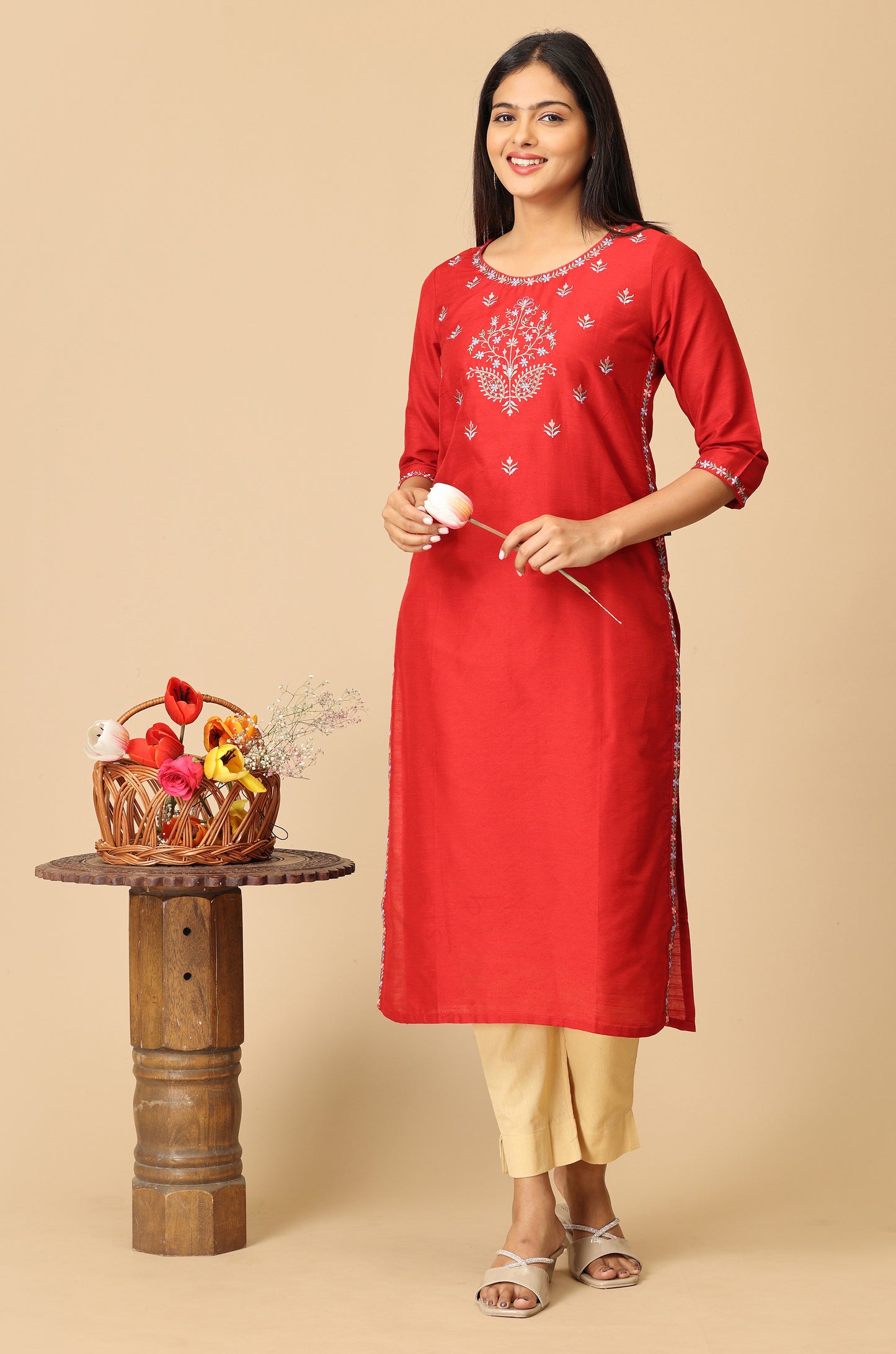 Maroon Slub Silk Embroidery Kurti