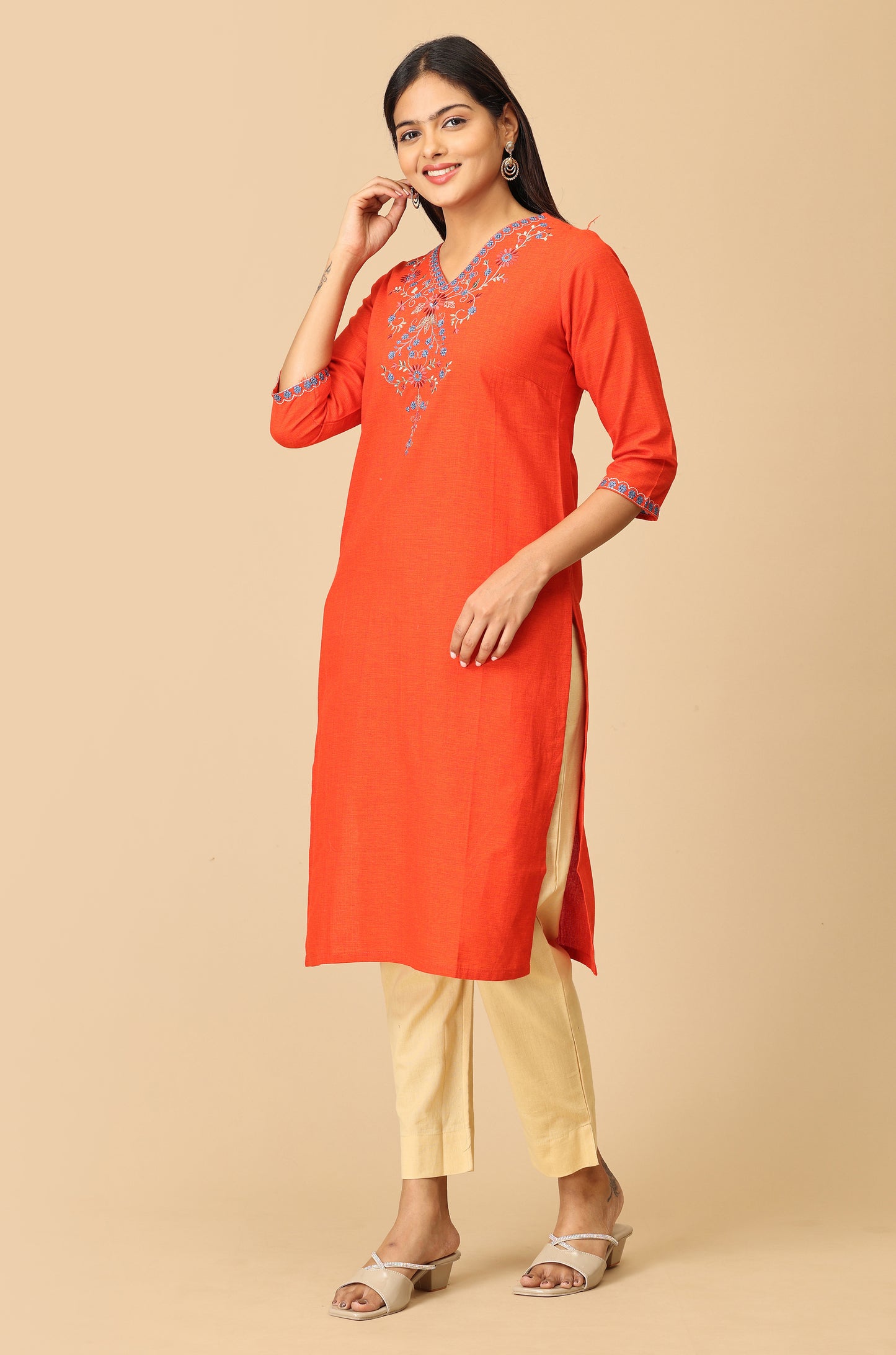 Orange Khadi Embroidery Kurti