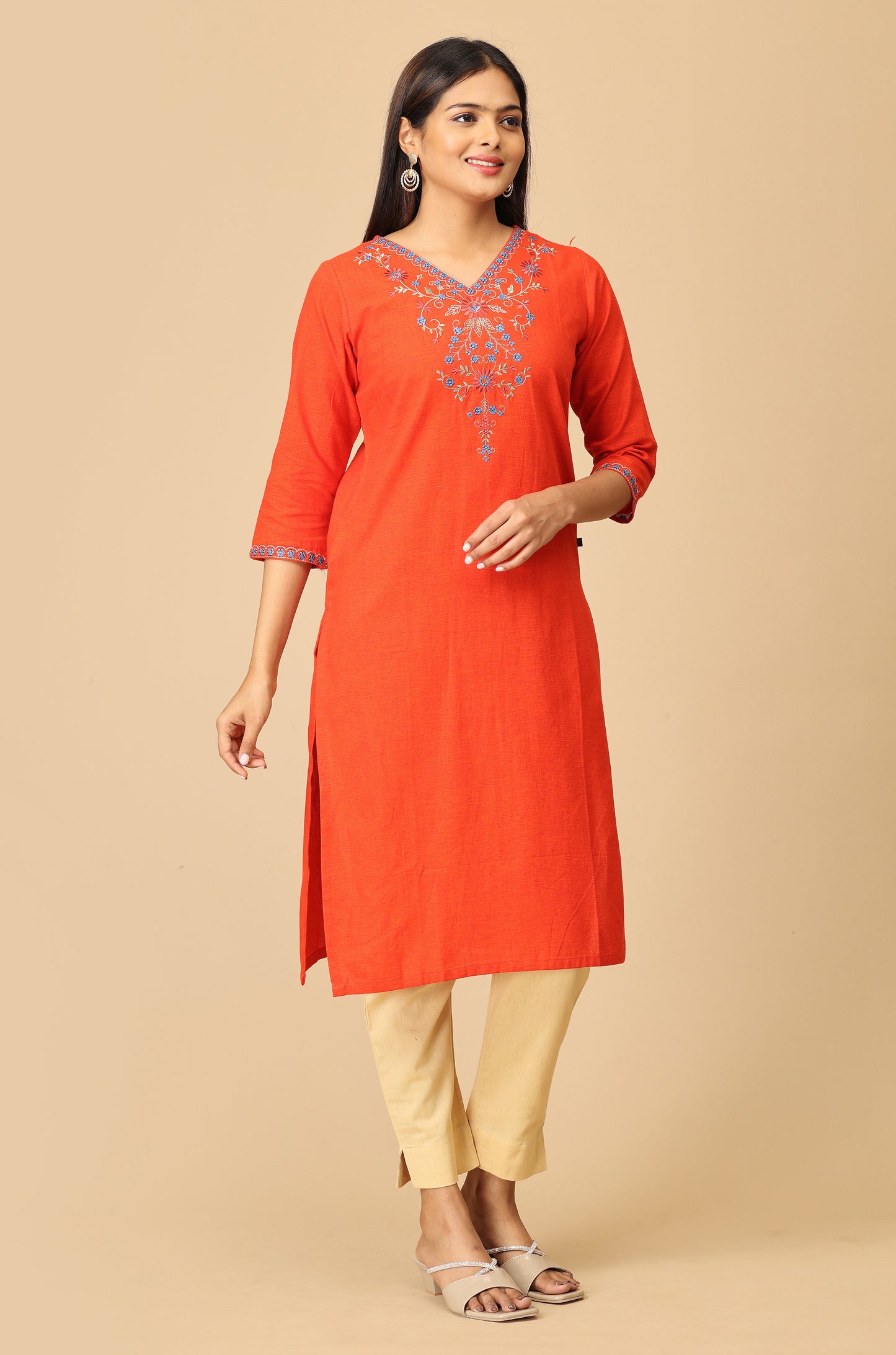 Orange Khadi Embroidery Kurti