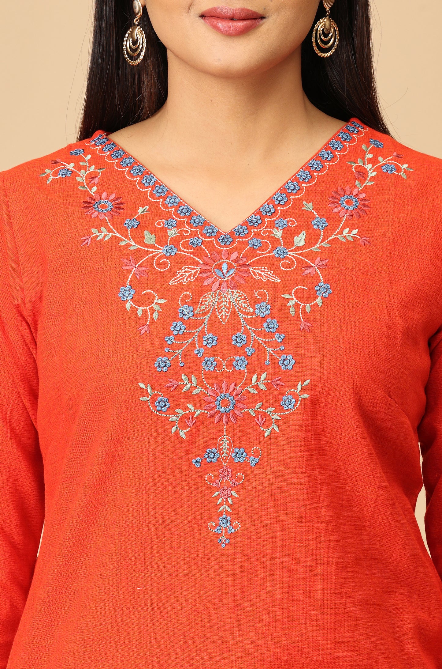 Orange Khadi Embroidery Kurti