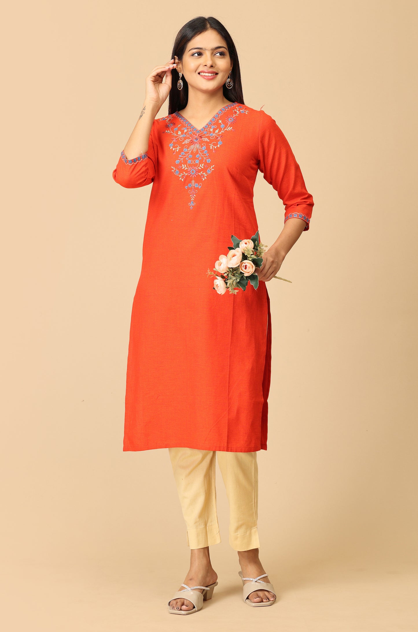 Orange Khadi Embroidery Kurti