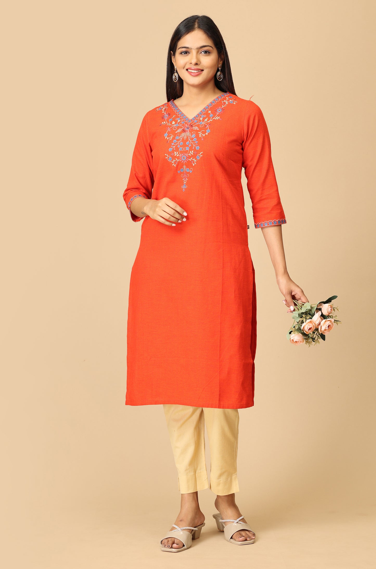 Orange Khadi Embroidery Kurti