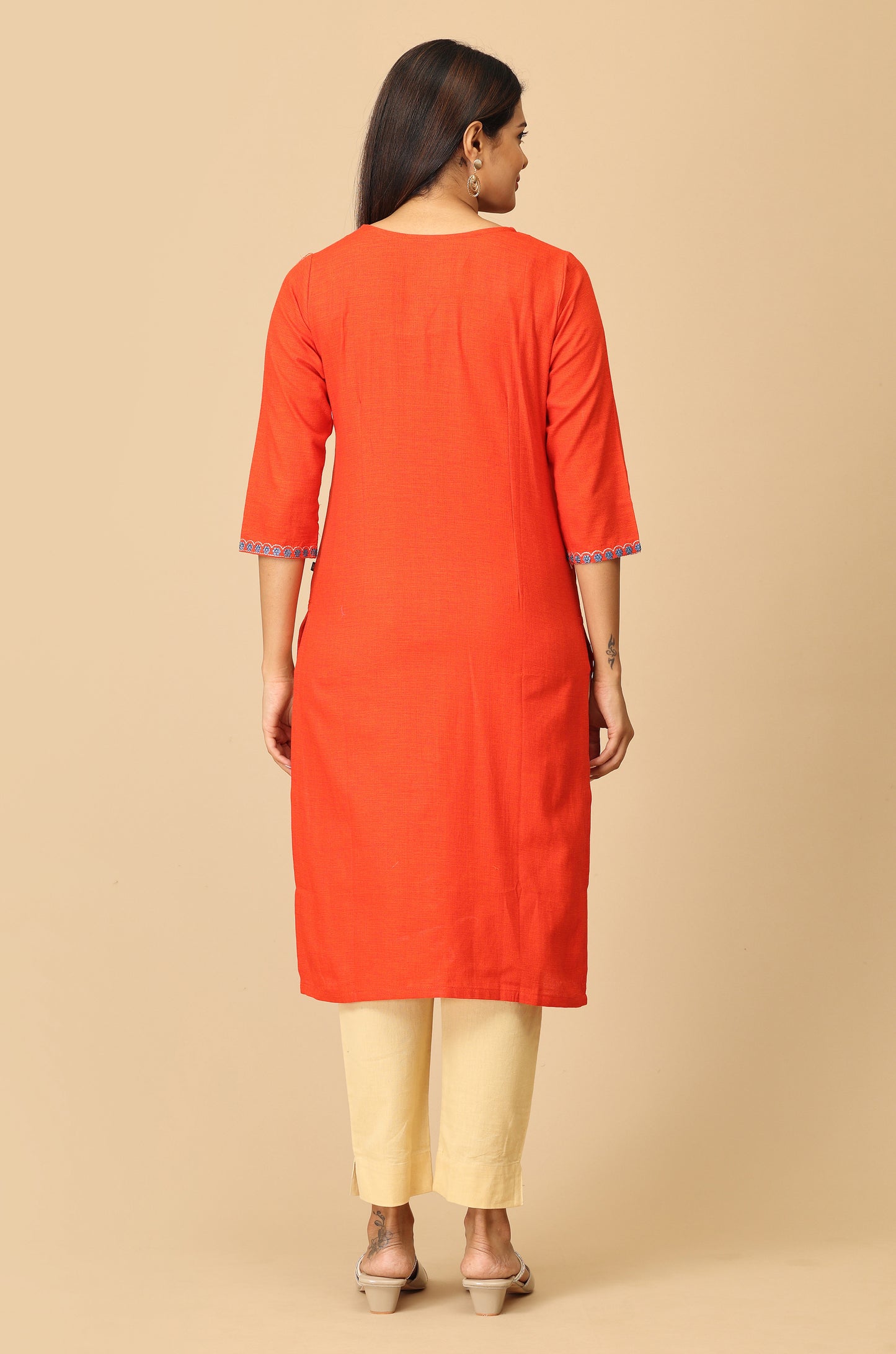 Orange Khadi Embroidery Kurti