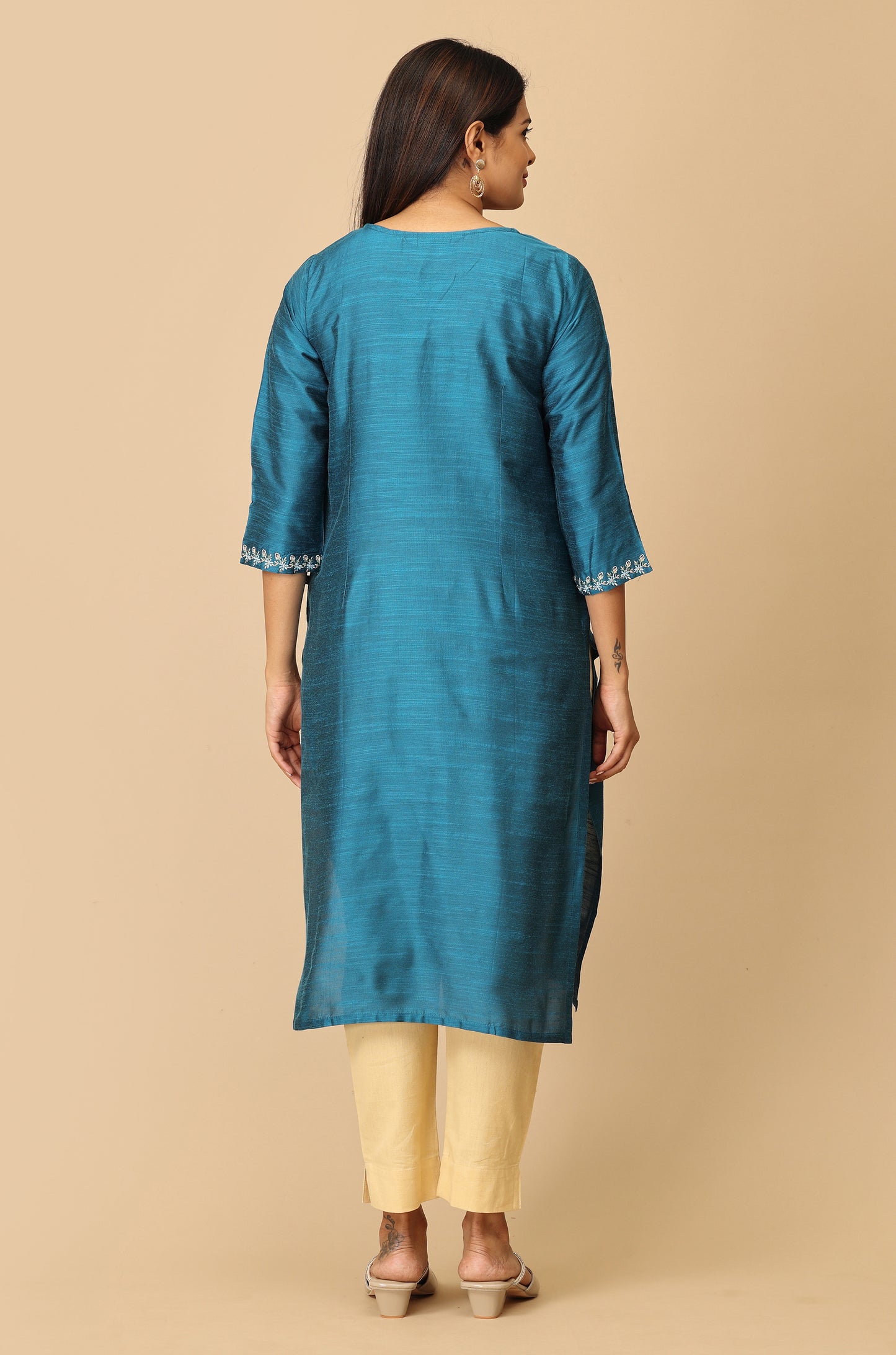 Steel Blue Slub Silk Embroidery Kurti