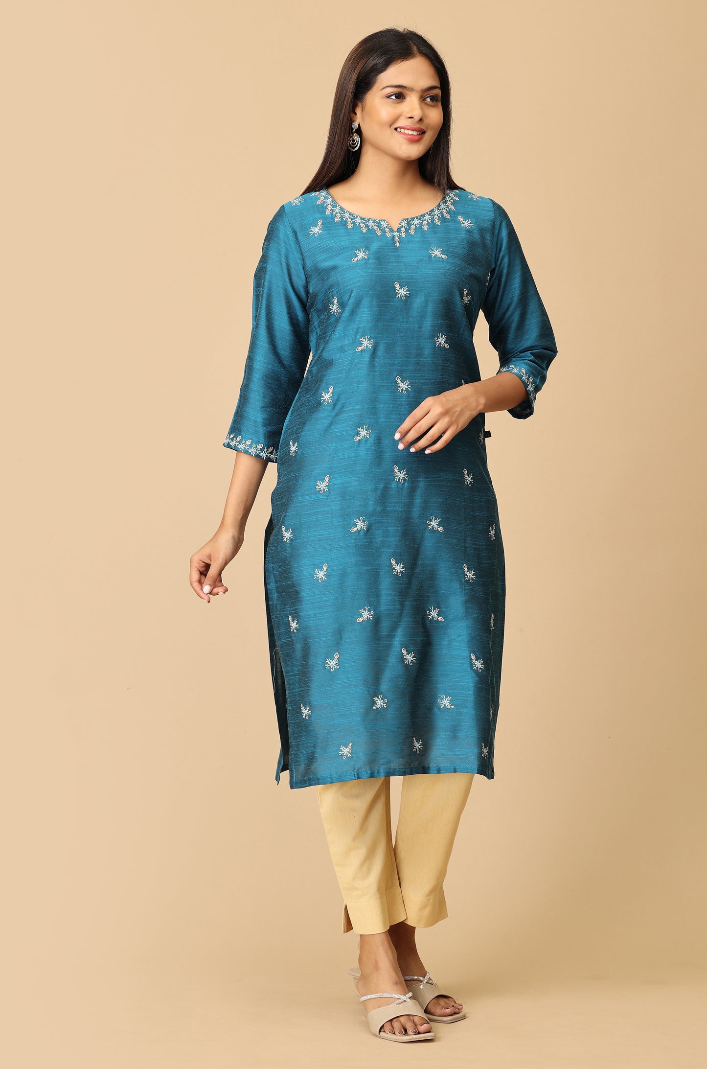 Steel Blue Slub Silk Embroidery Kurti