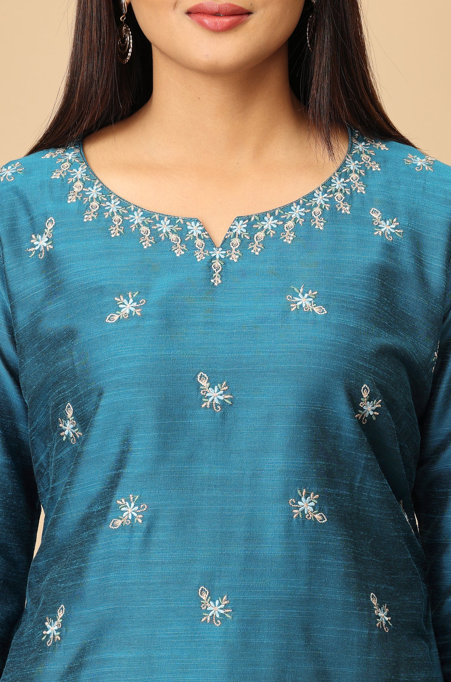 Steel Blue Slub Silk Embroidery Kurti