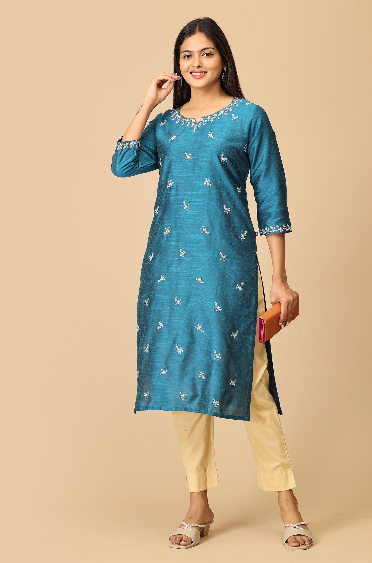 Steel Blue Slub Silk Embroidery Kurti