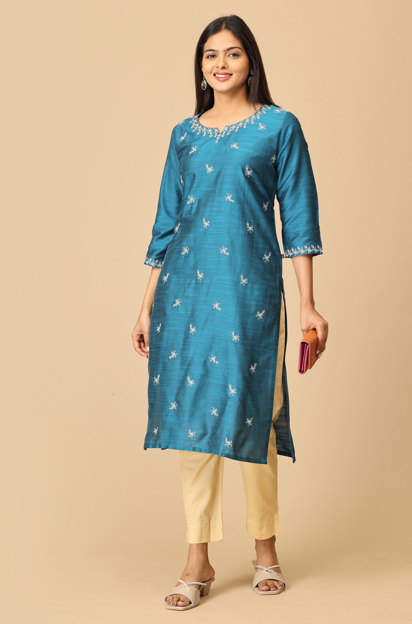 Steel Blue Slub Silk Embroidery Kurti
