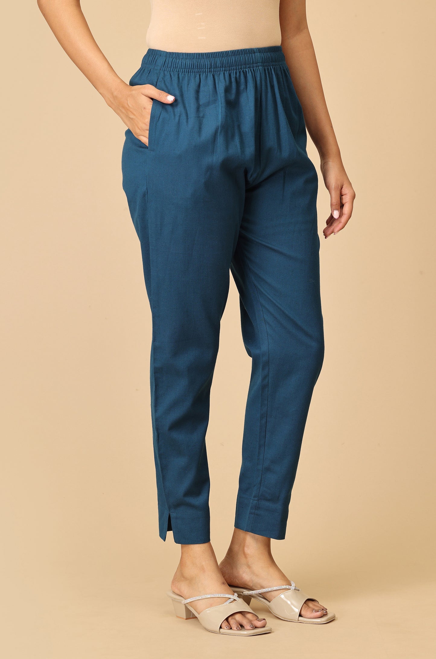 Steel Blue Cotton Trouser Fit with Drawstring Cigarette Pant