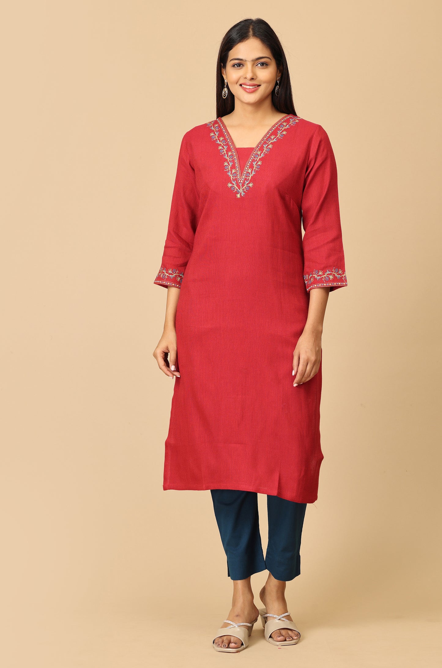 Maroon Matty V Neck Embroidery