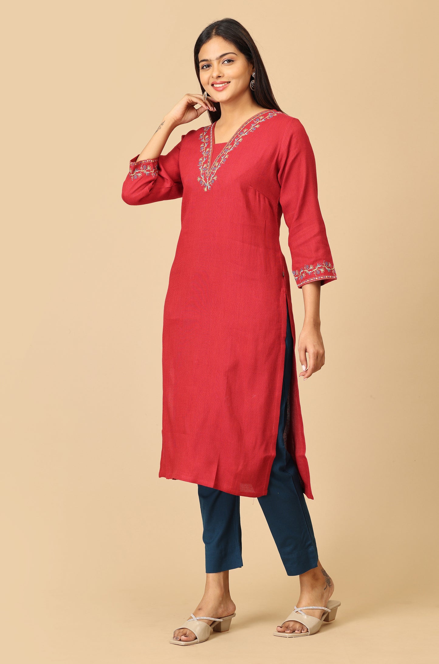 Maroon Matty V Neck Embroidery