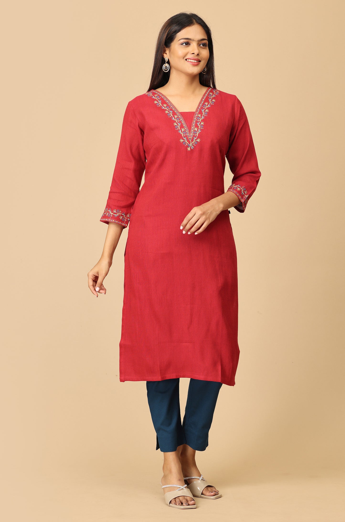 Maroon Matty V Neck Embroidery