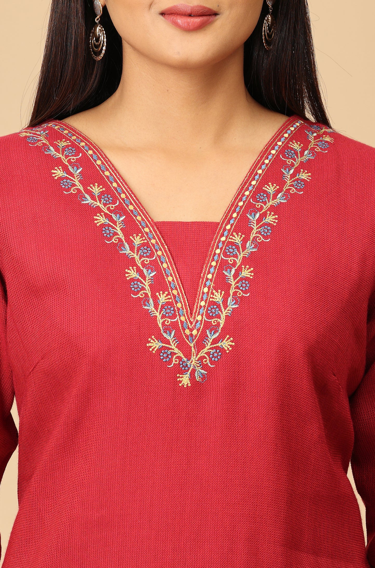 Maroon Matty V Neck Embroidery