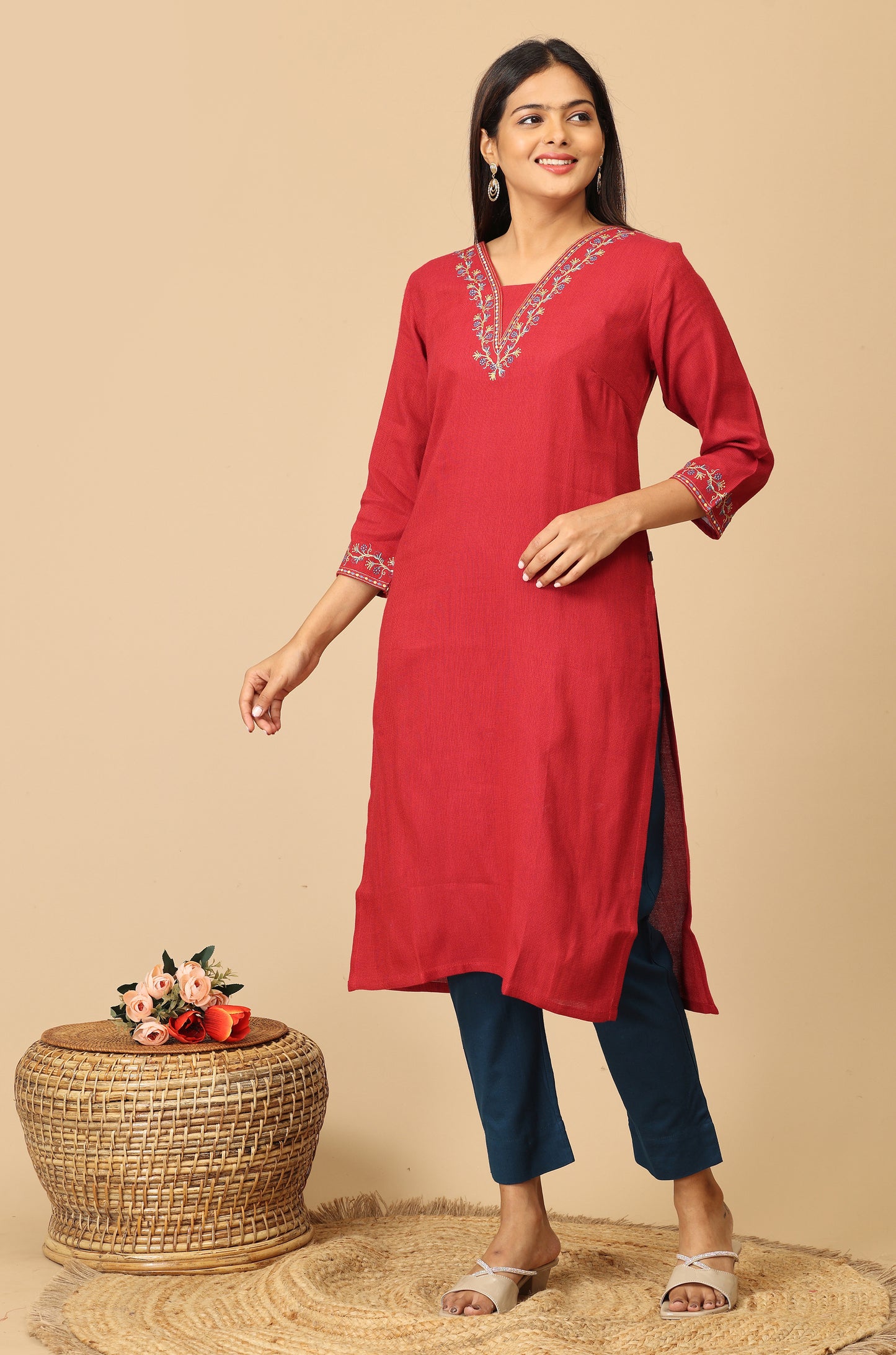 Maroon Matty V Neck Embroidery