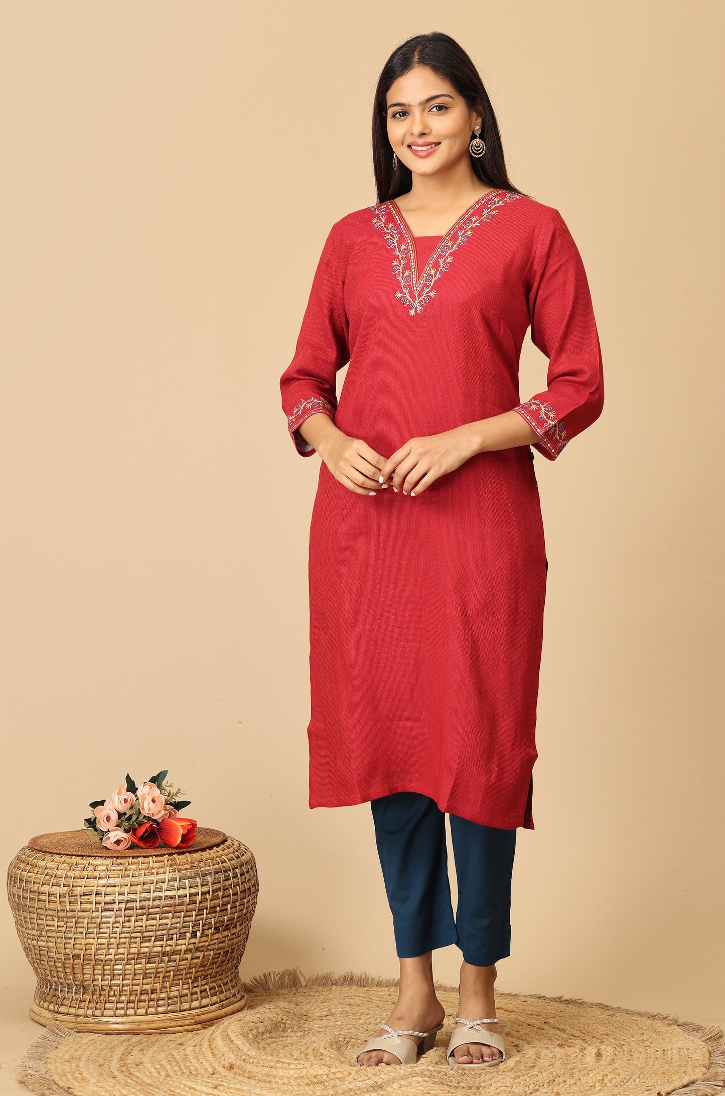 Maroon Matty V Neck Embroidery