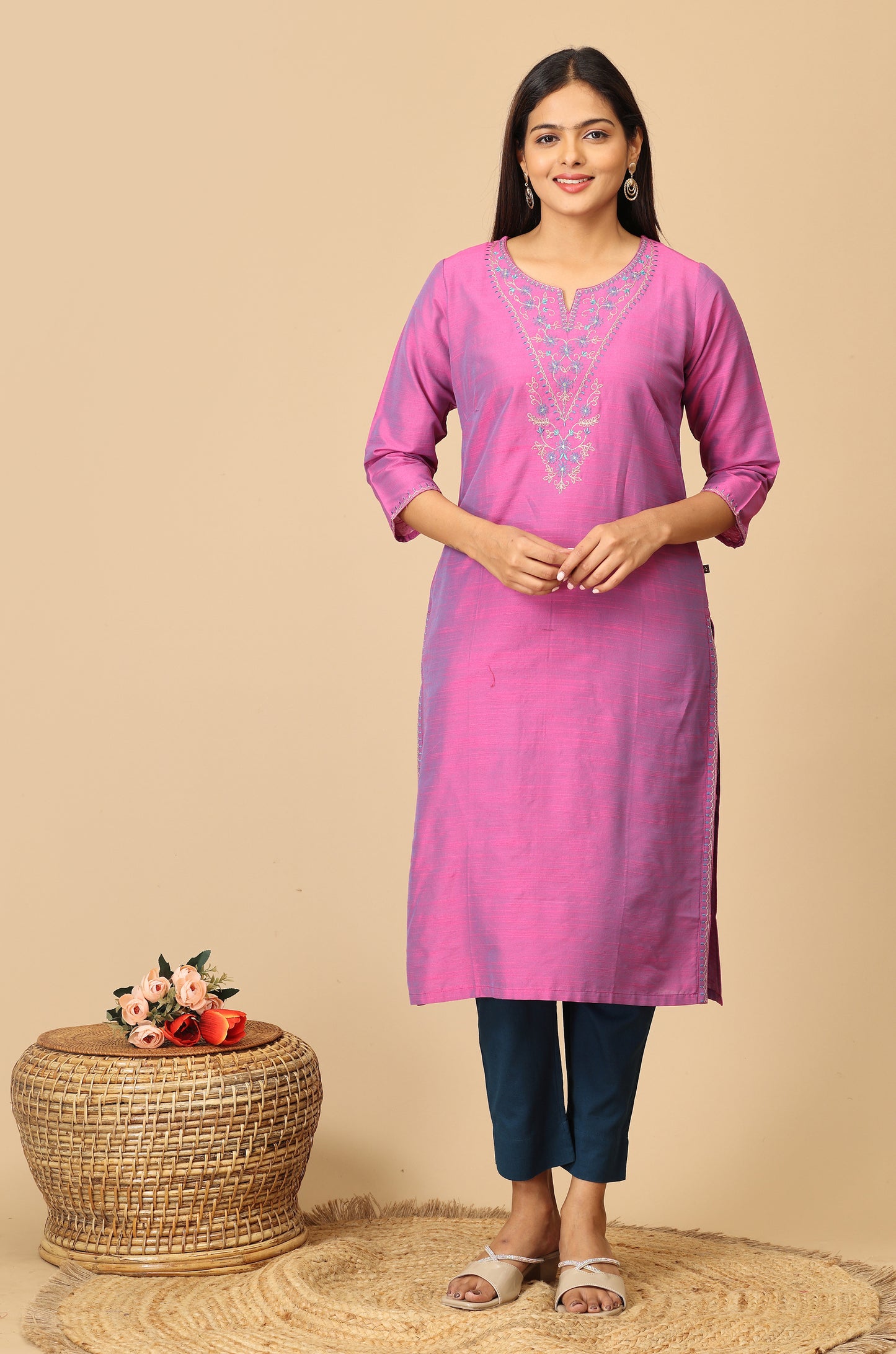 Light Fuchsia Slub Silk Embroidery Kurti