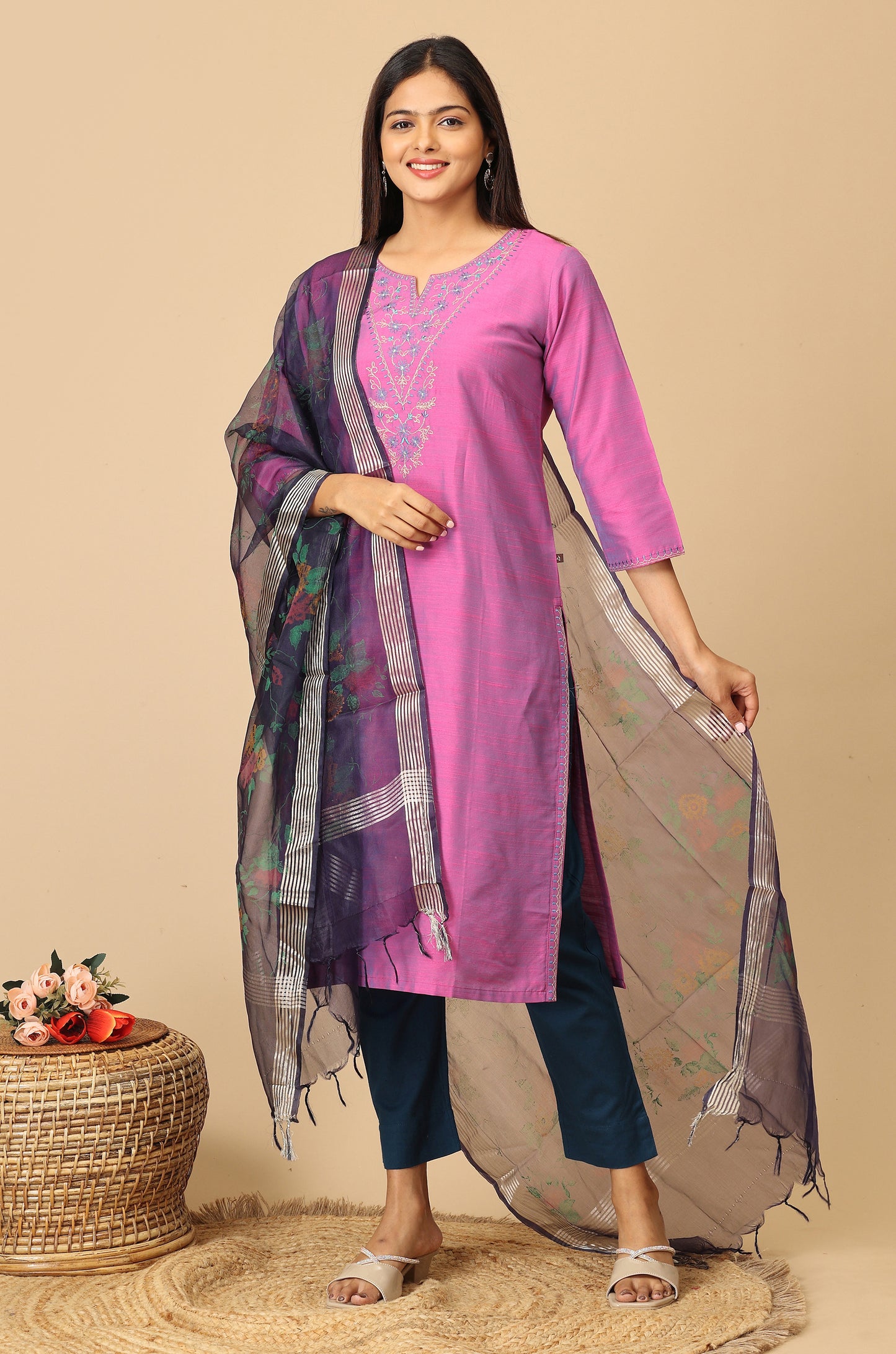 Light Fuchsia Slub Silk Embroidery Kurti