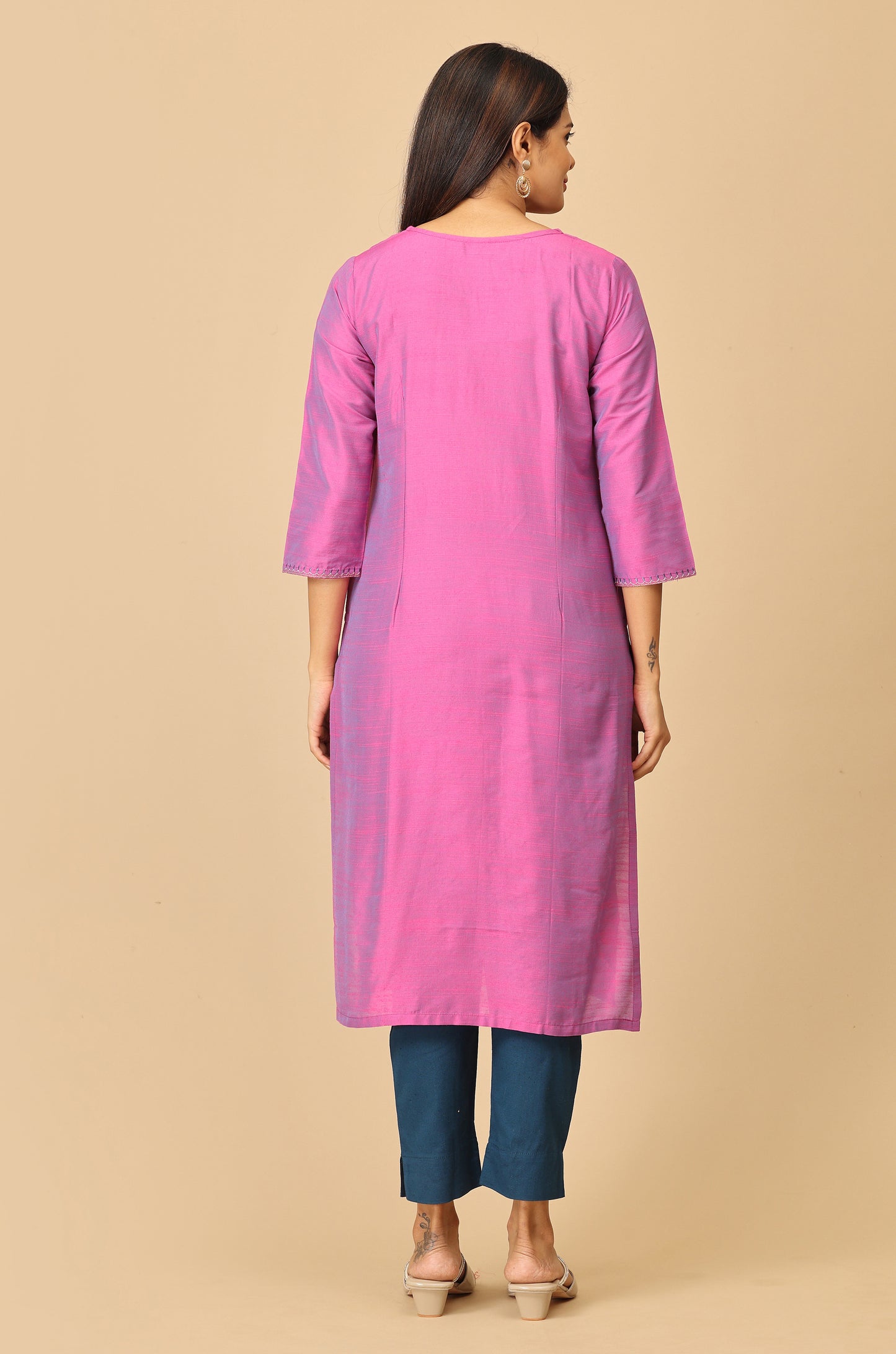 Light Fuchsia Slub Silk Embroidery Kurti