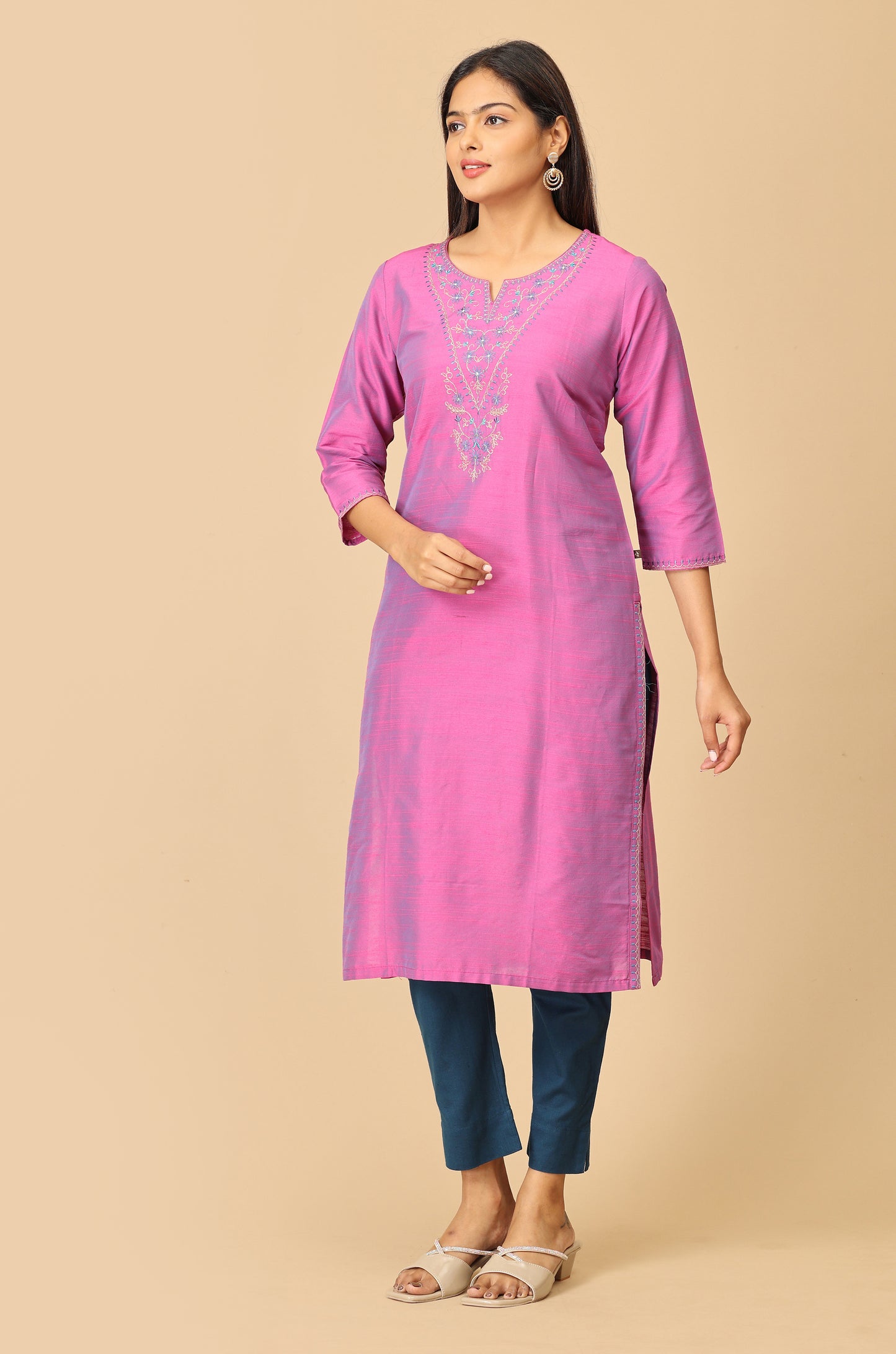 Light Fuchsia Slub Silk Embroidery Kurti