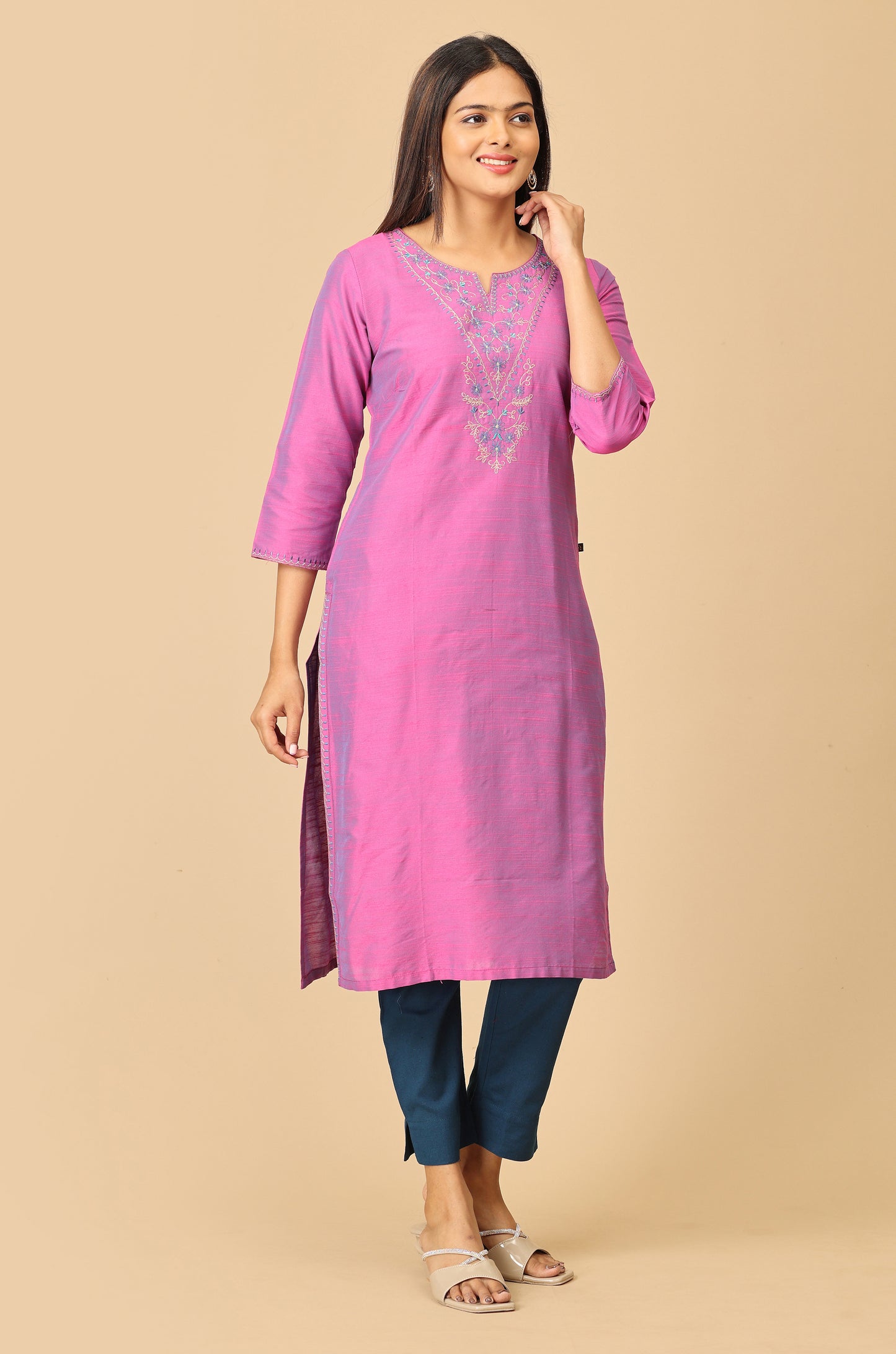 Light Fuchsia Slub Silk Embroidery Kurti