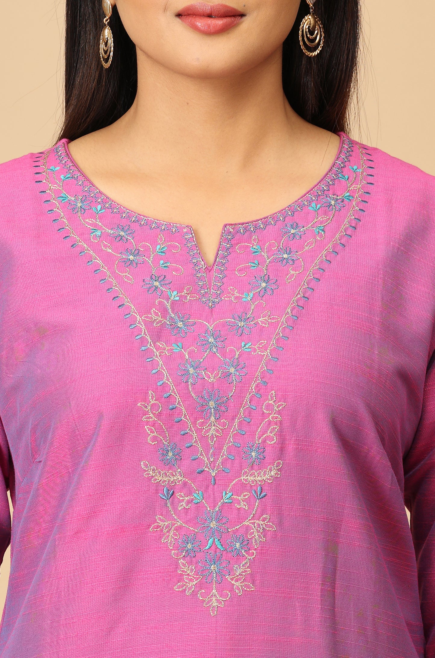 Light Fuchsia Slub Silk Embroidery Kurti