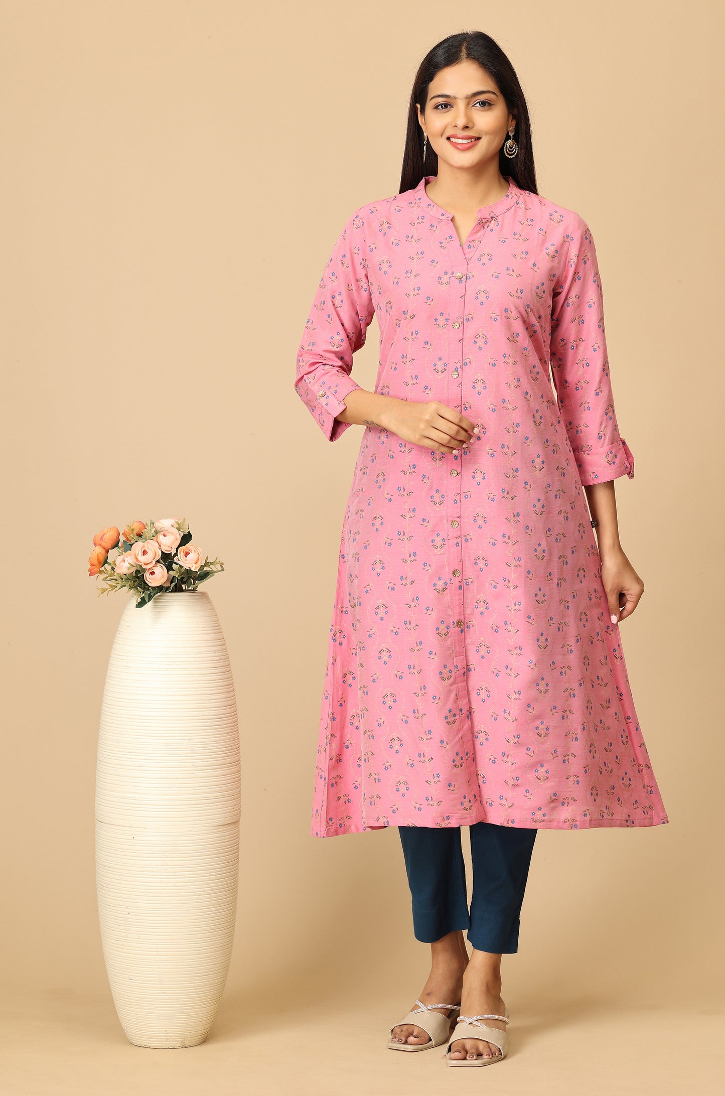 Pink Printed Slub Silk Kurti