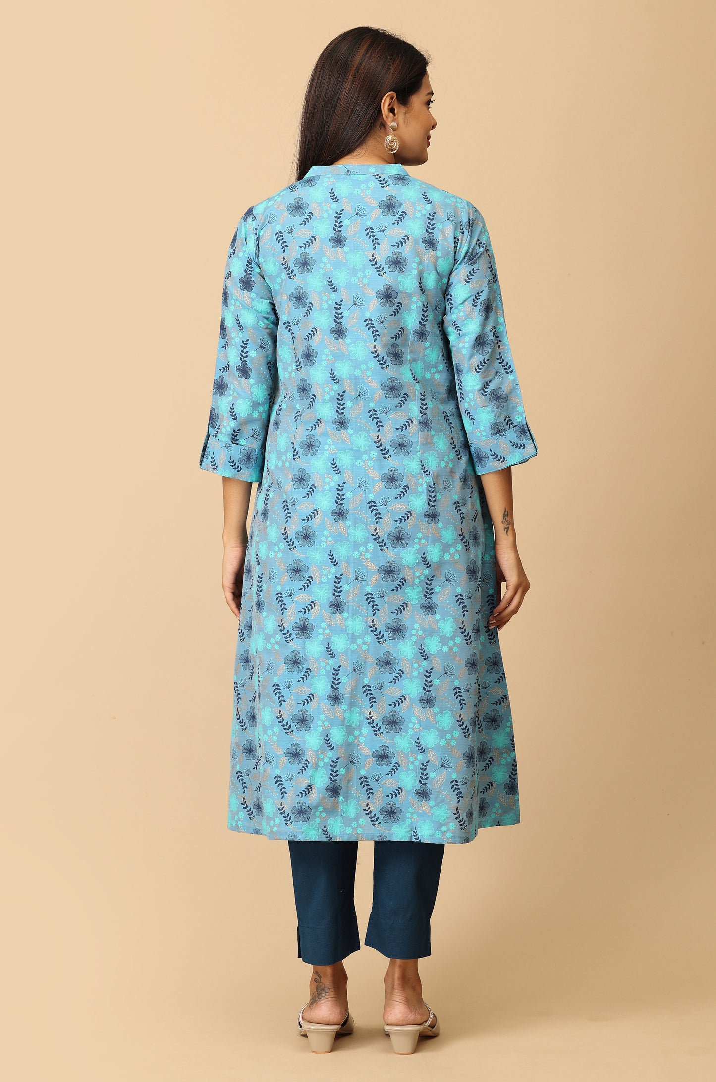 Blue Slub Silk Printed A-Line Kurti