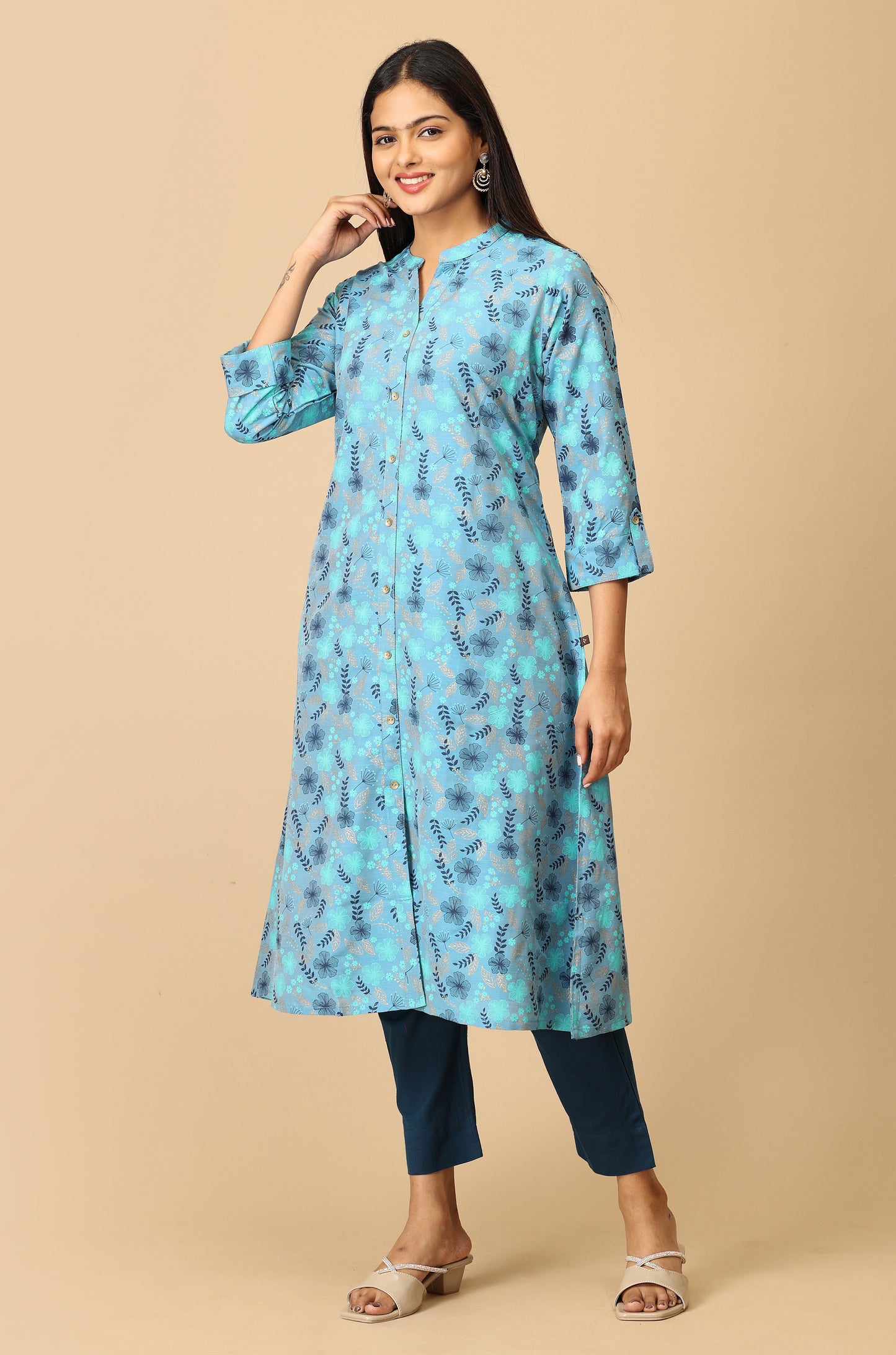 Blue Slub Silk Printed A-Line Kurti
