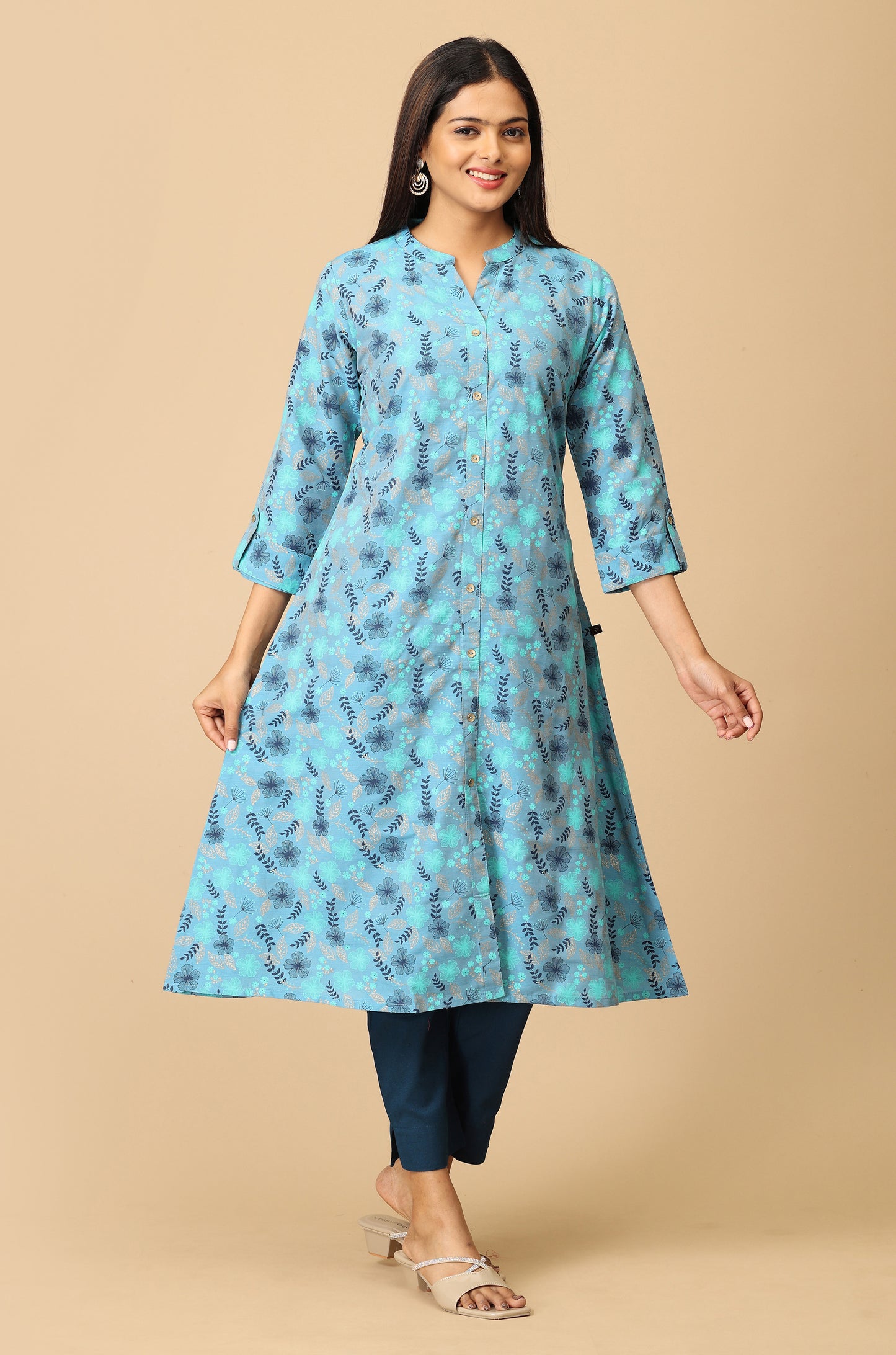 Blue Slub Silk Printed A-Line Kurti