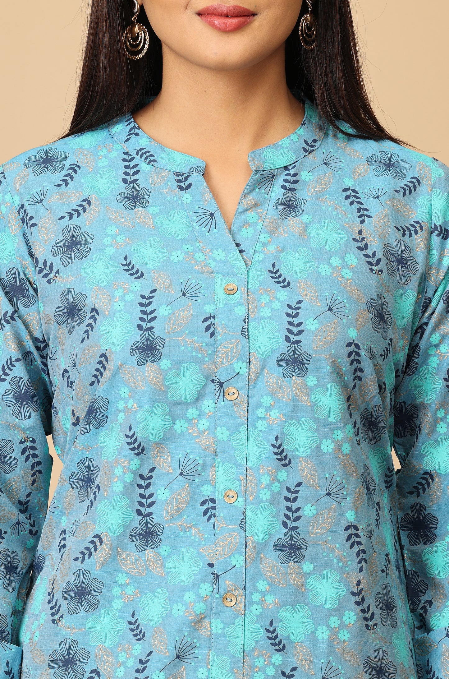 Blue Slub Silk Printed A-Line Kurti