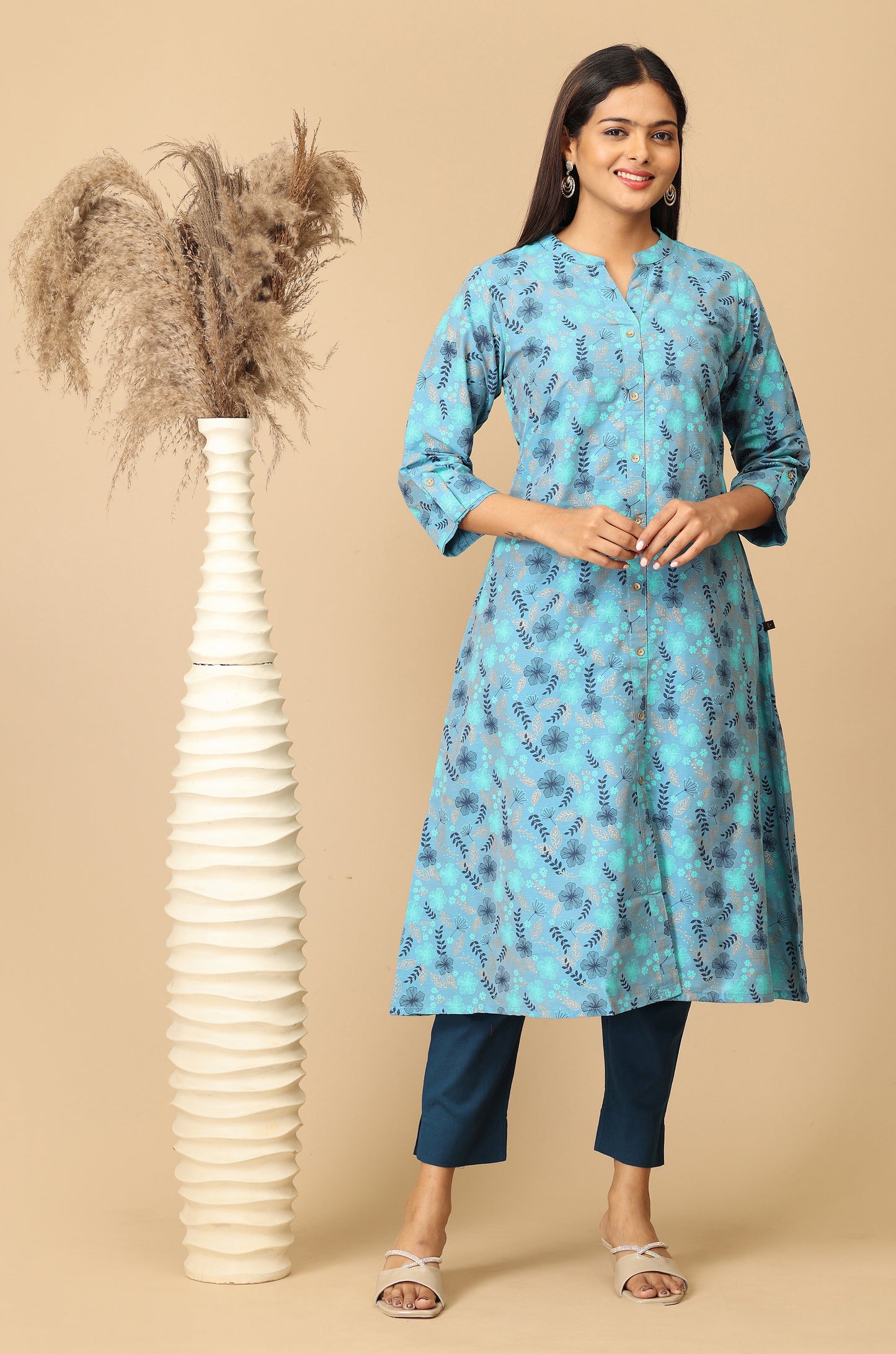 Blue Slub Silk Printed A-Line Kurti